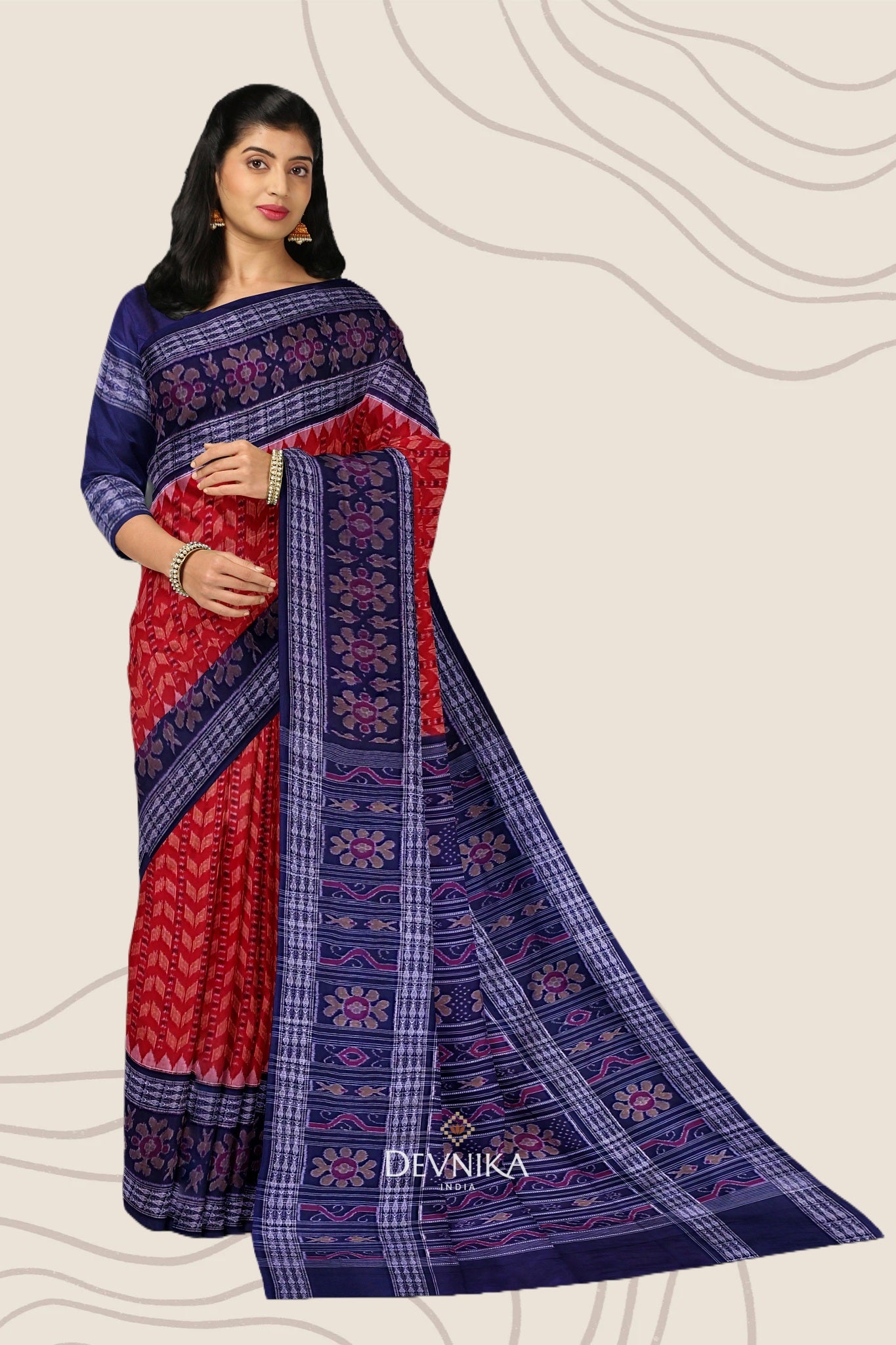 Deep Red Blue Khajuri Pati Bandha Handloom Cotton Saree | Odisha Handloom | Devnika