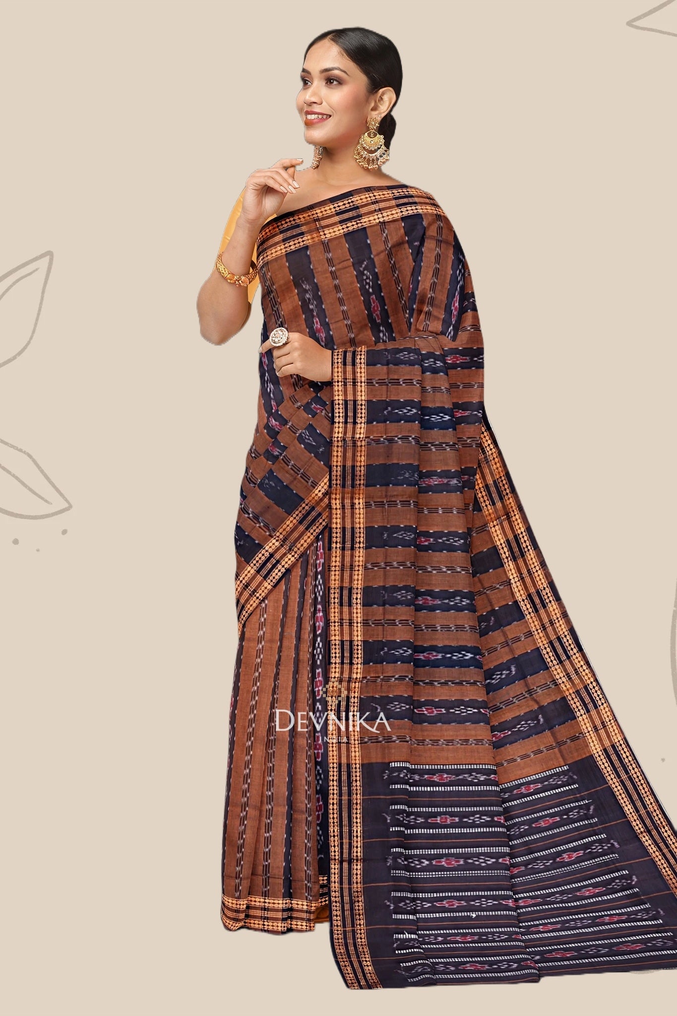 Golden Brown Line Bandha Saree