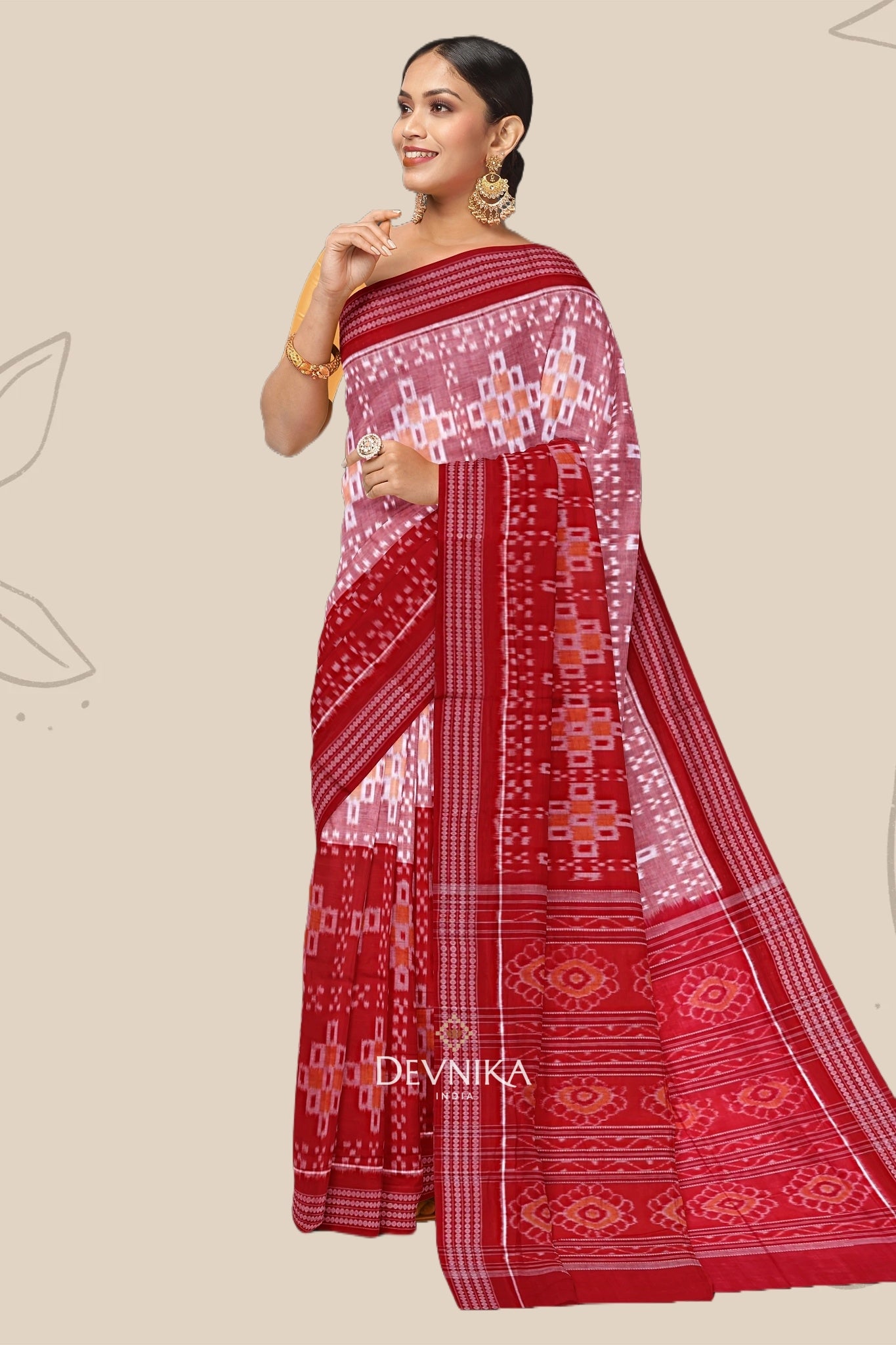 Red And Yellow Paper Bandha Handloom Cotton Saree | Odisha Handloom | Devnika