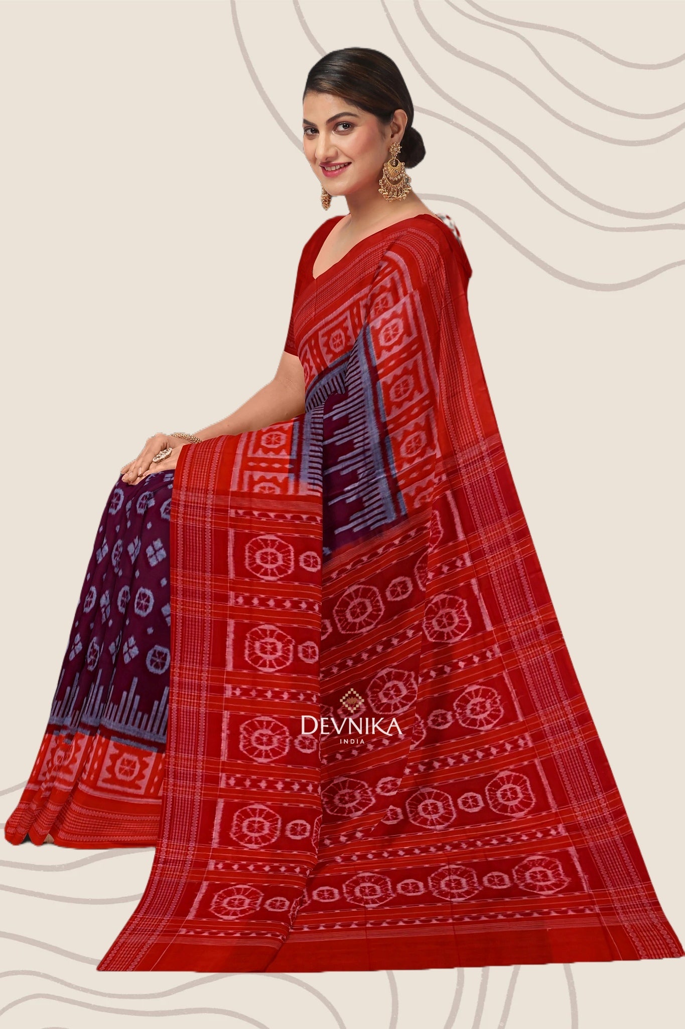 Dark Maroon Big Border Bandha Handloom Cotton Saree | Odisha Handloom | Devnika