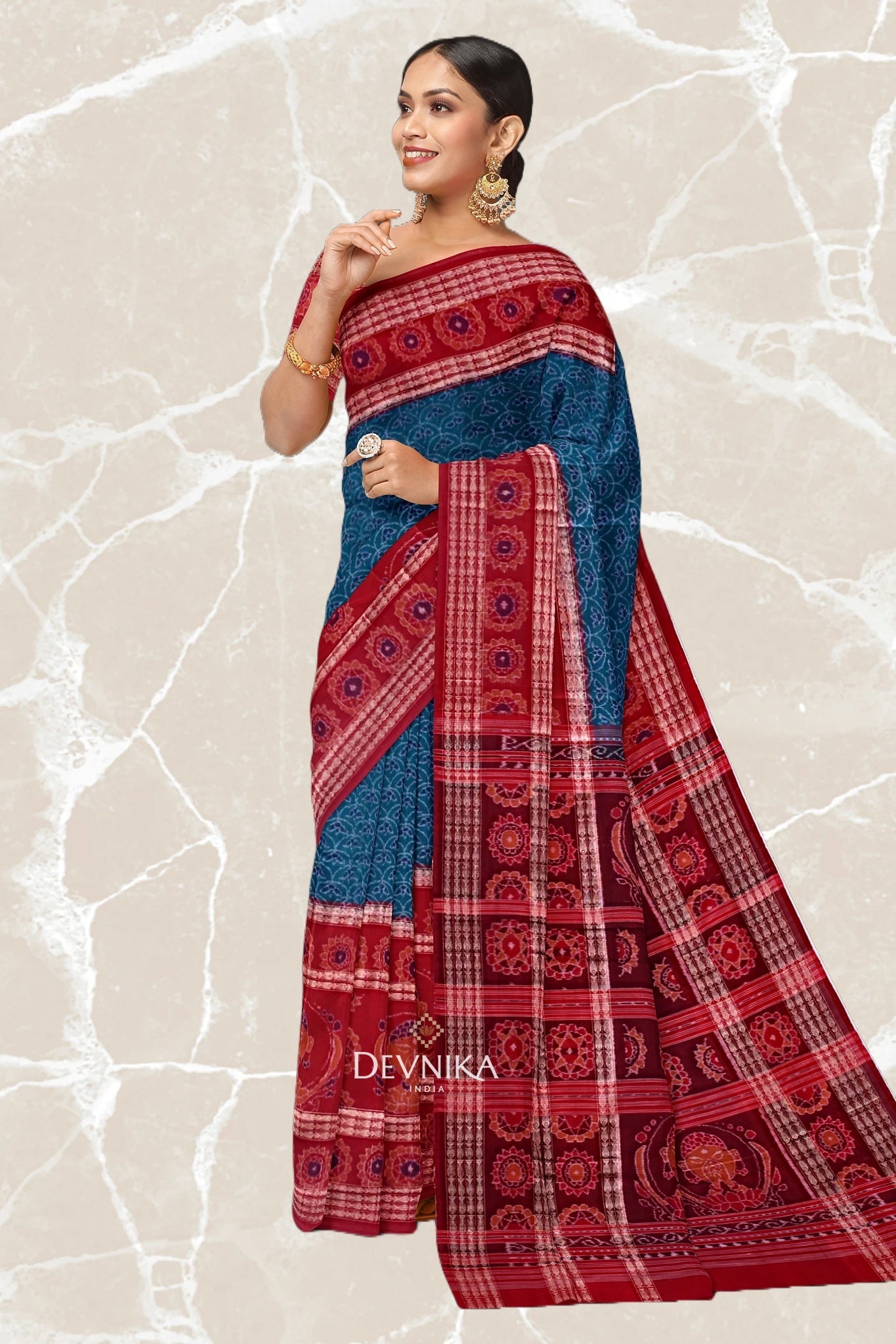 Dark Cyan Namaskar Bandha Handloom Cotton Saree | Odisha Handloom | Devnika