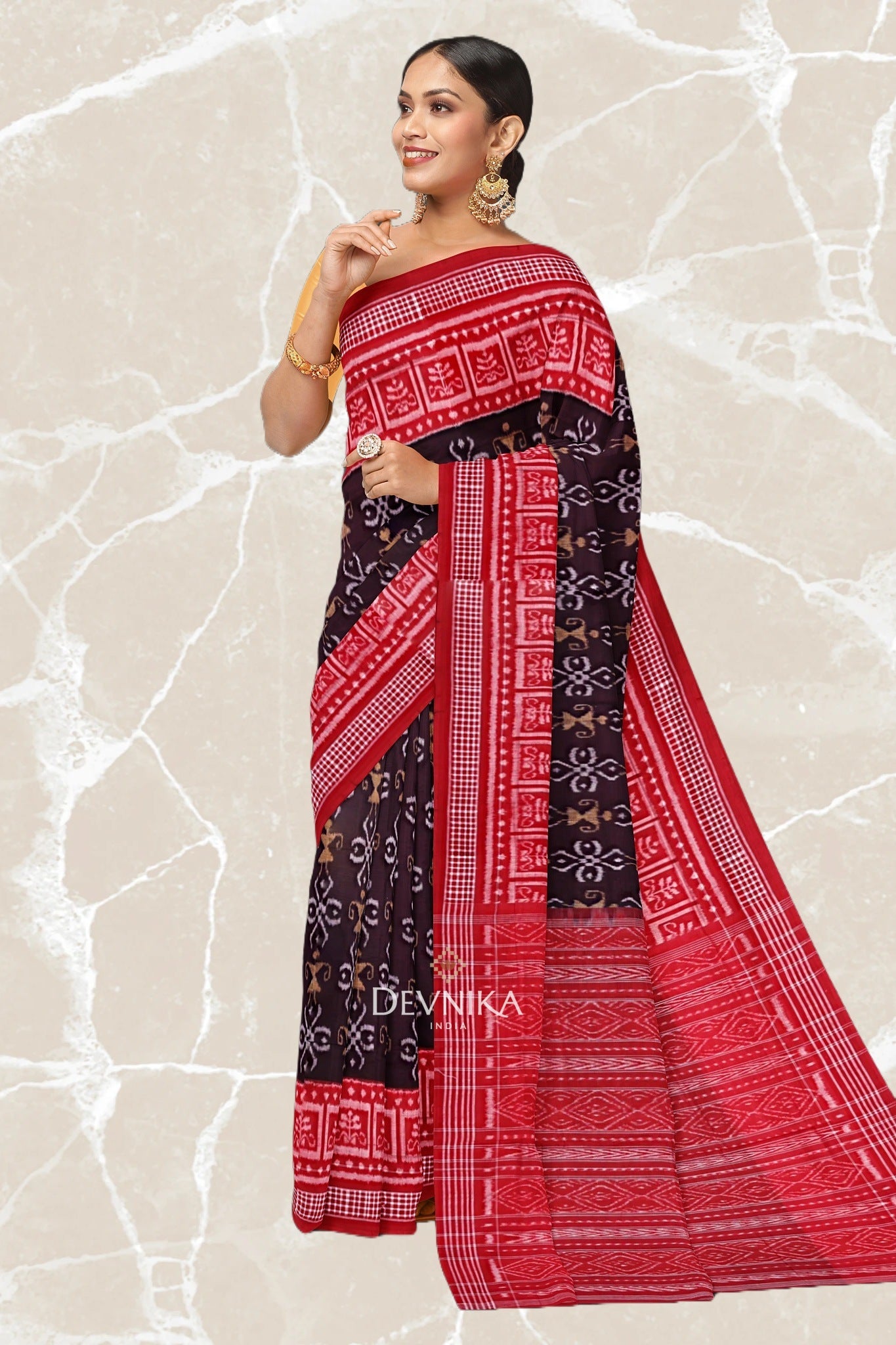 Coffee Body Bandha Handloom Cotton Saree | Odisha Handloom | Devnika
