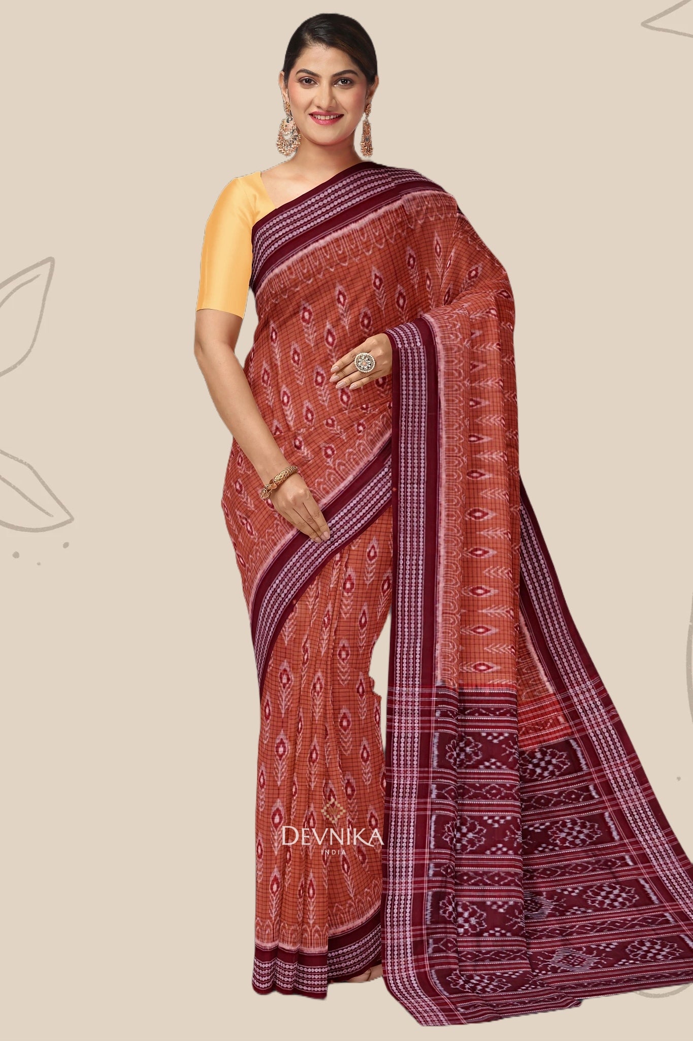 Brown With Maroon Body Bandha Handloom Cotton Saree | Odisha Handloom | Devnika