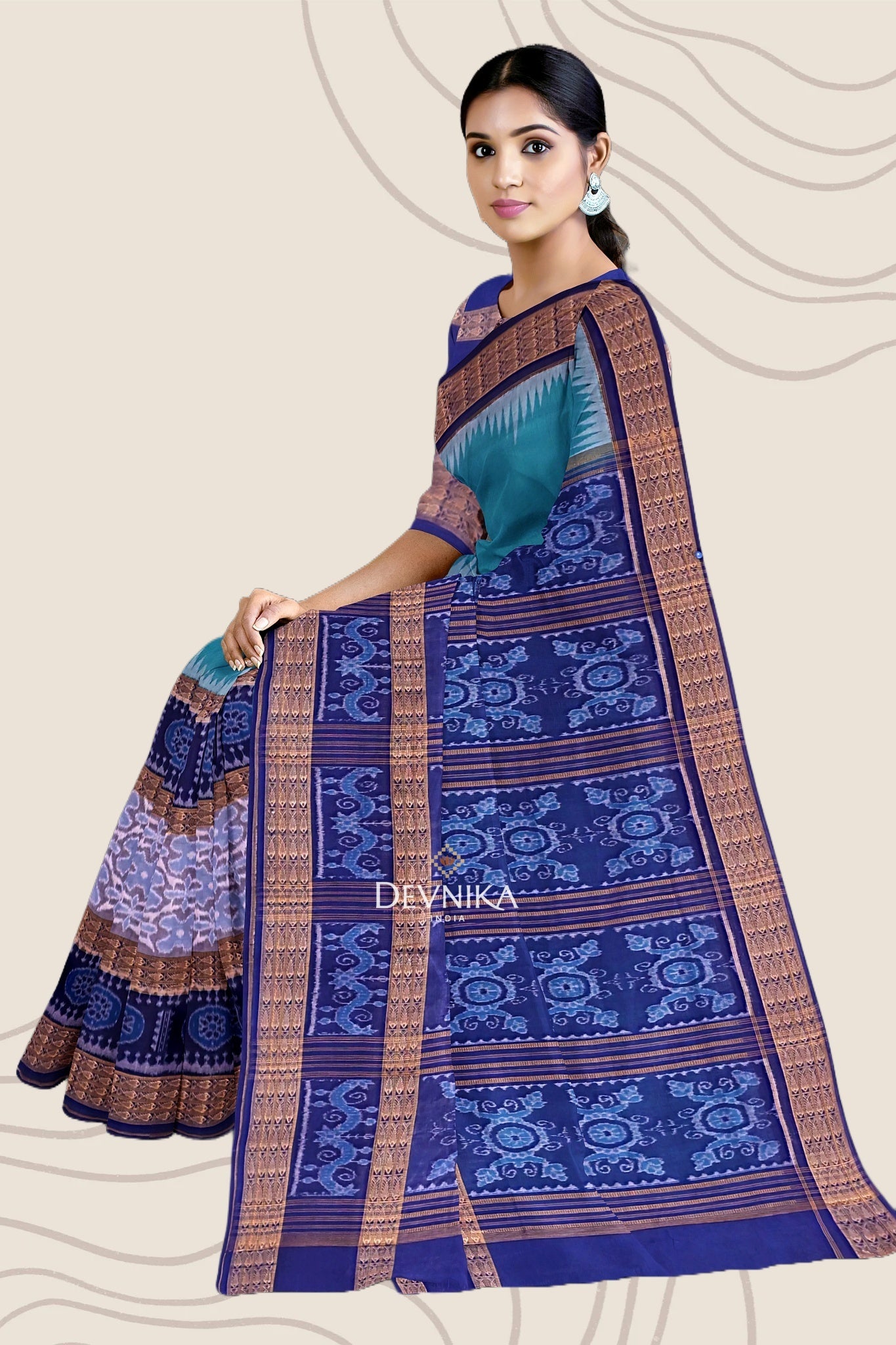 Sea Green Big Border Bandha Handloom Cotton Saree | Odisha Handloom | Devnika