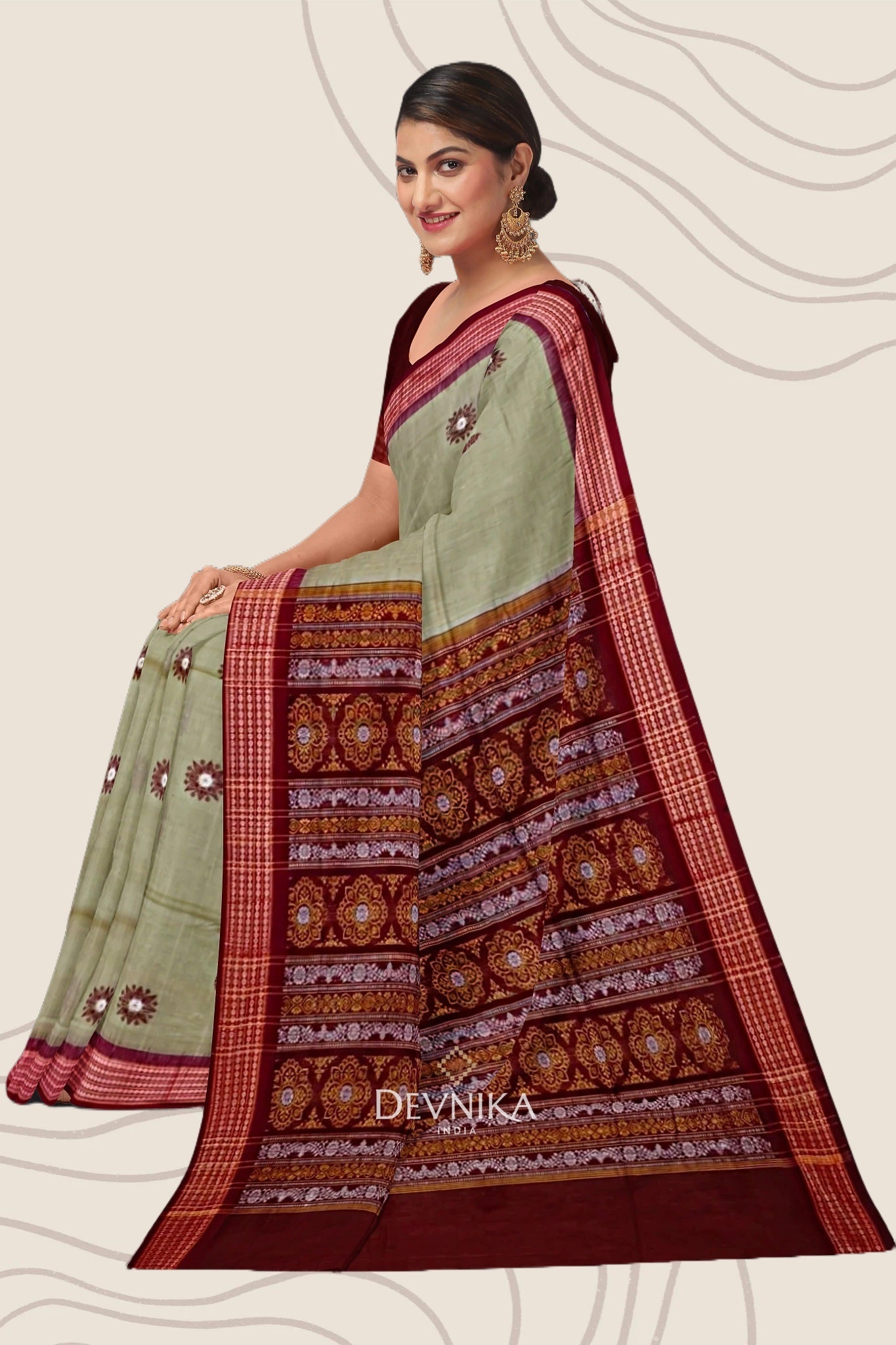 Grey Green Bomkai Handloom Cotton Saree | Odisha Handloom | Devnika