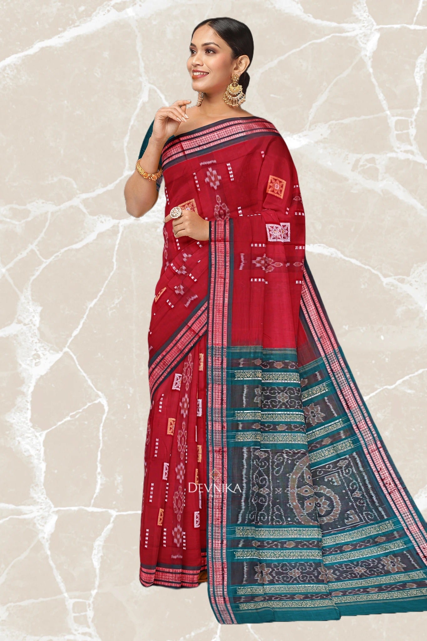 Maroon Bomkai Handloom Cotton Saree | Odisha Handloom | Devnika