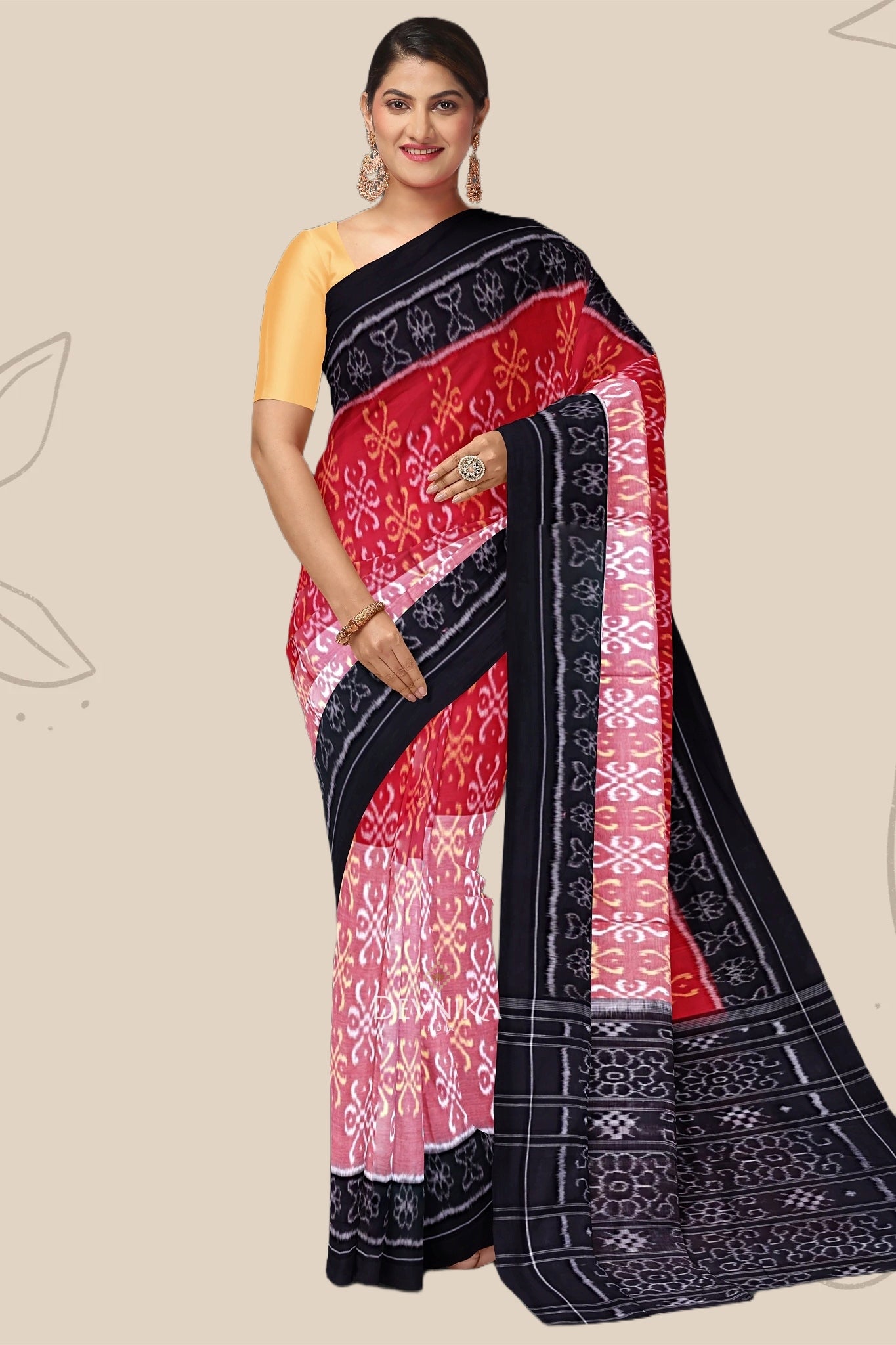 Red color Black Body Bandha Handloom Cotton Saree | Odisha Handloom | Devnika