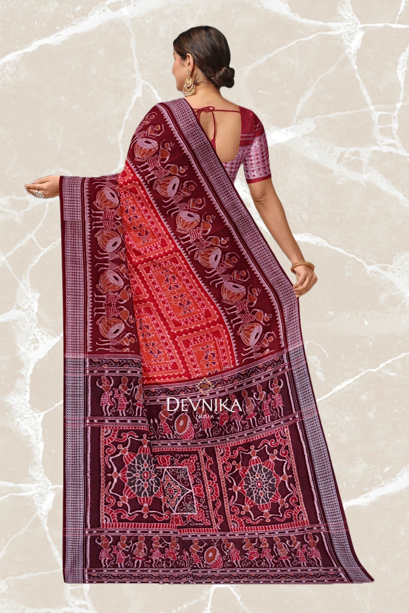 Dark Red Teracota Bandha Handloom Cotton Saree | Odisha Handloom | Devnika