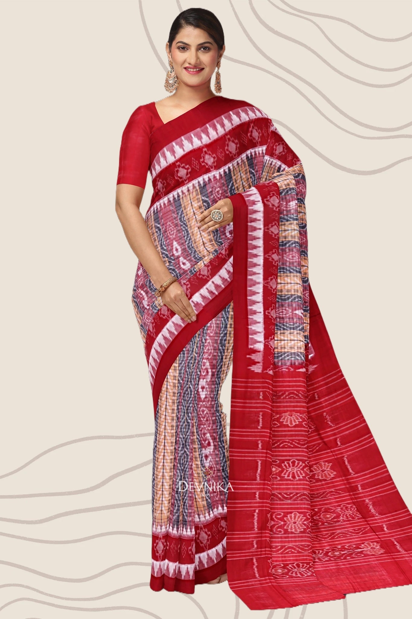 Yellow Red And Black Body Bandha Handloom Cotton Saree | Odisha Handloom | Devnika