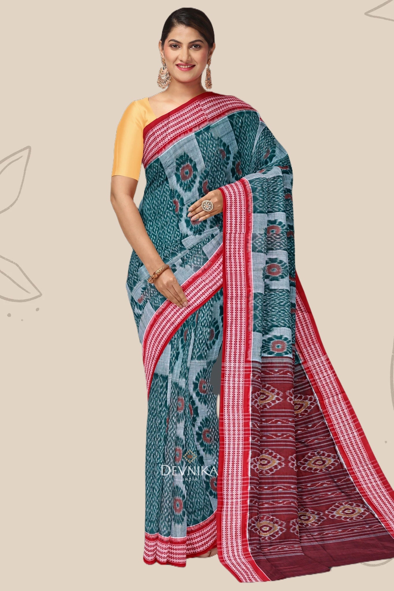 Green and Red Body Bandha Saree | Odisha Handloom GI Tagged | Devnika