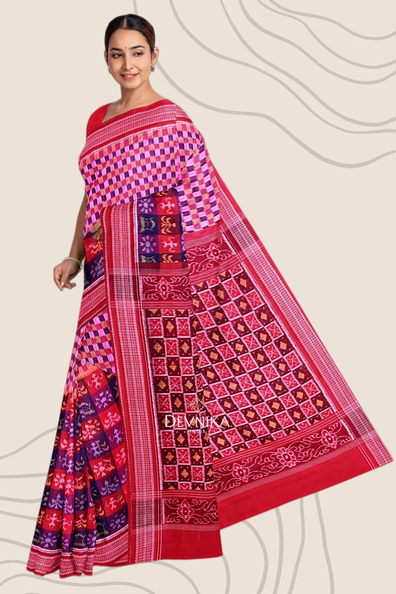 Blue Magenta Teracota Bandha Handloom Cotton Saree | Odisha Handloom | Devnika
