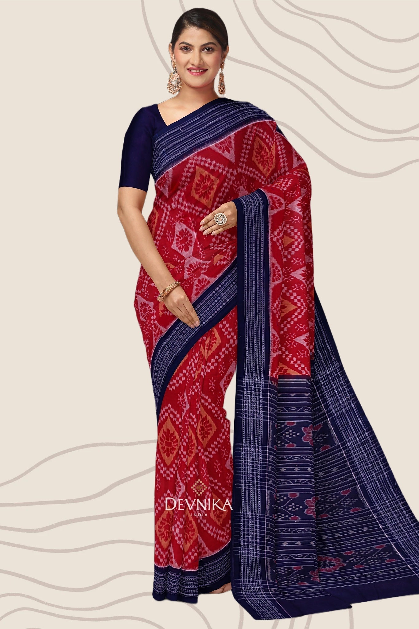 Red And Brown Paper Bandha Handloom Cotton Saree | Odisha Handloom | Devnika