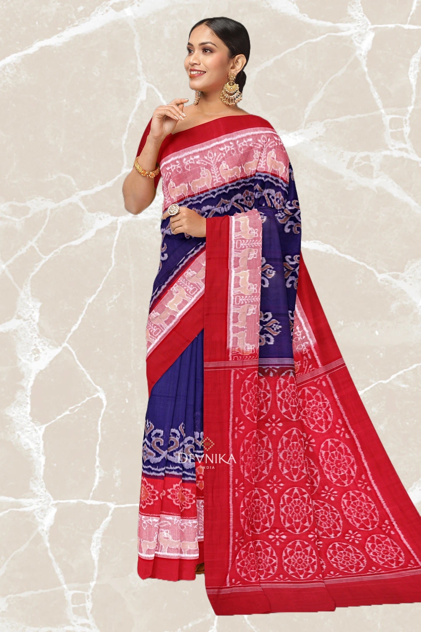 Navy Blue Double Border Bandha Handloom Cotton Saree | Odisha Handloom | Devnika
