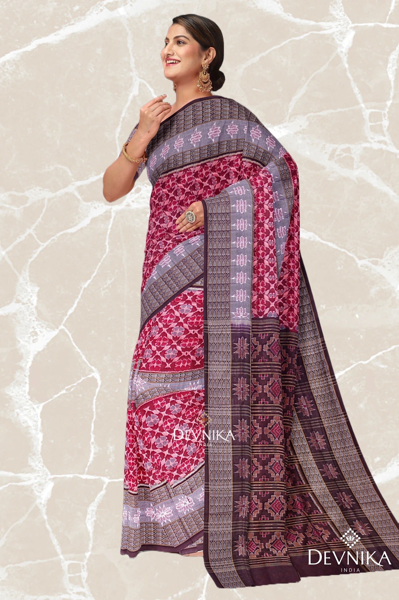 Red And Maroon Fish Bandha Handloom Cotton Saree | Odisha Handloom | Devnika