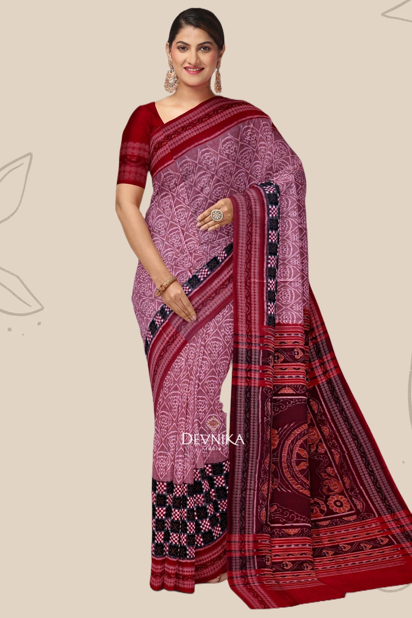 White And Dusty Rose Big Border Bandha Handloom Cotton Saree | Odisha Handloom | Devnika