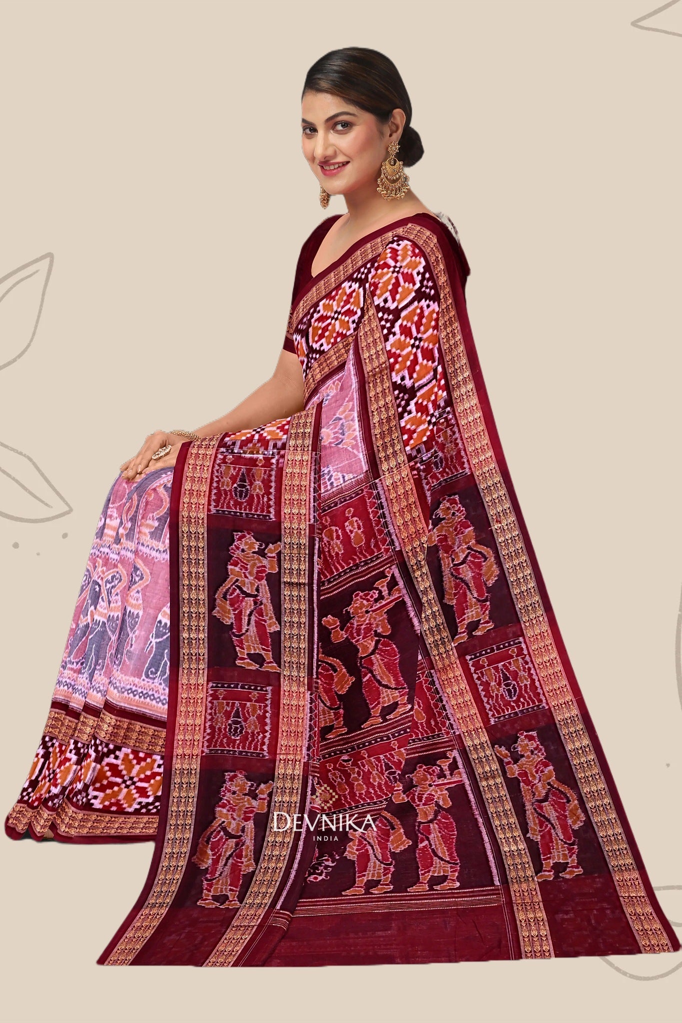 Light Red Konark Bandha Handloom Cotton Saree | Odisha Handloom | Devnika