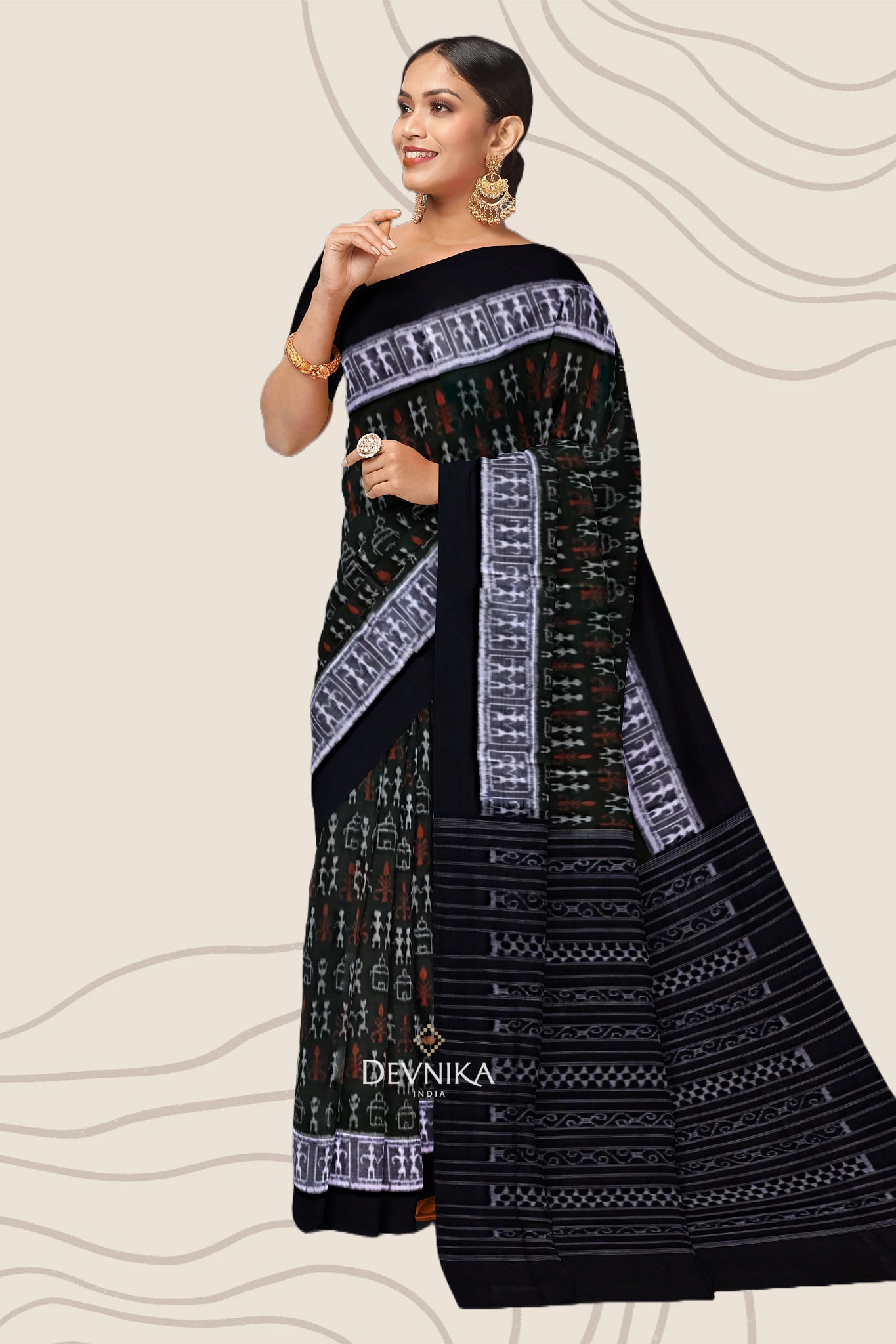 Dark Olive Green Teracota Bandha Handloom Cotton Saree | Odisha Handloom | Devnika