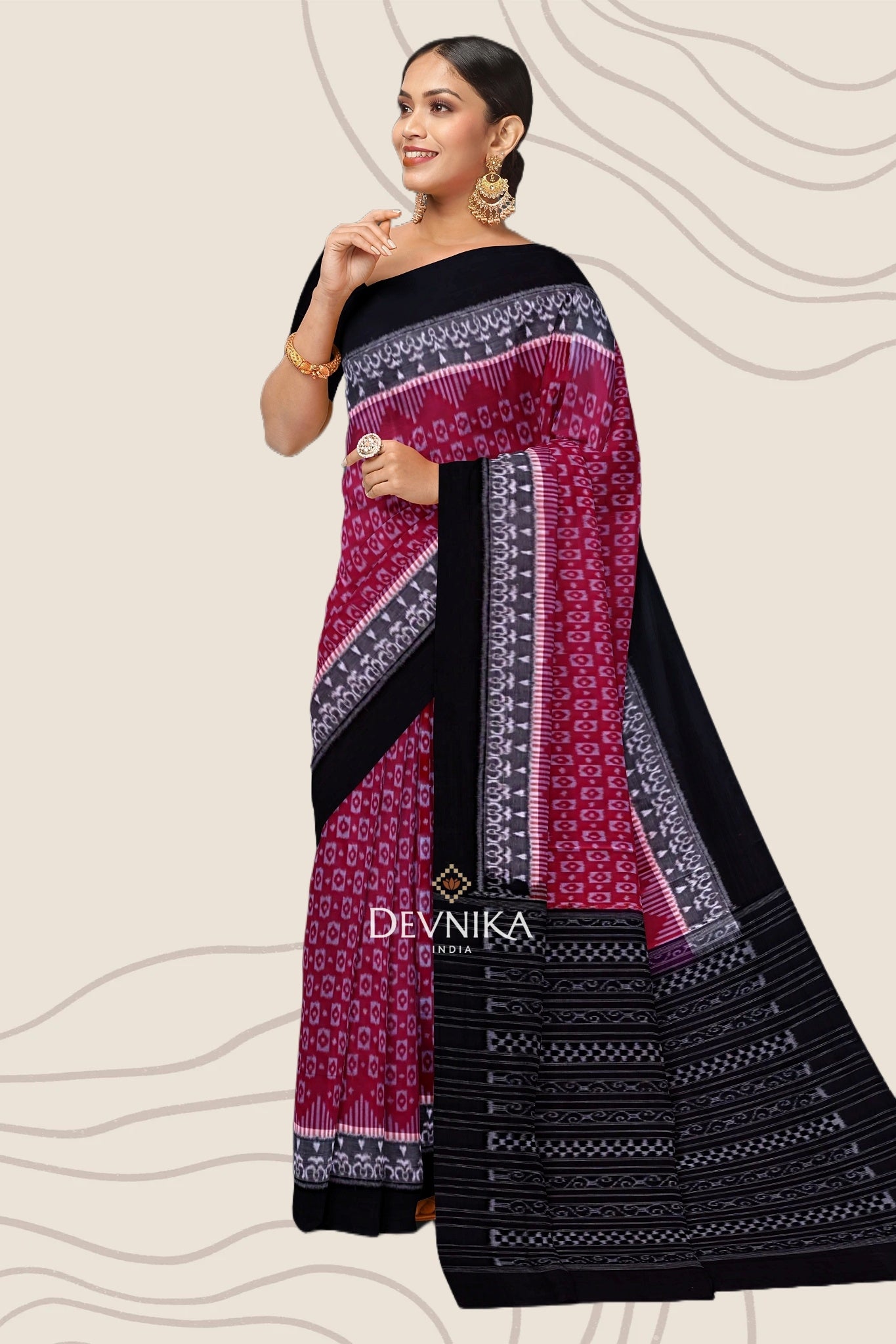 White And Burgundy Double Border Bandha Handloom Cotton Saree | Odisha Handloom | Devnika