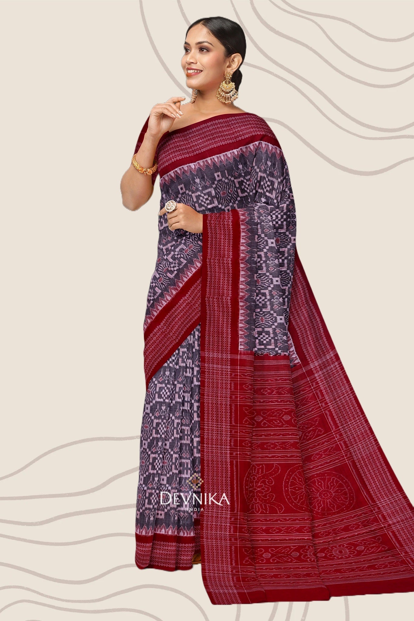 Red And White Body Bandha Handloom Cotton Saree | Odisha Handloom | Devnika