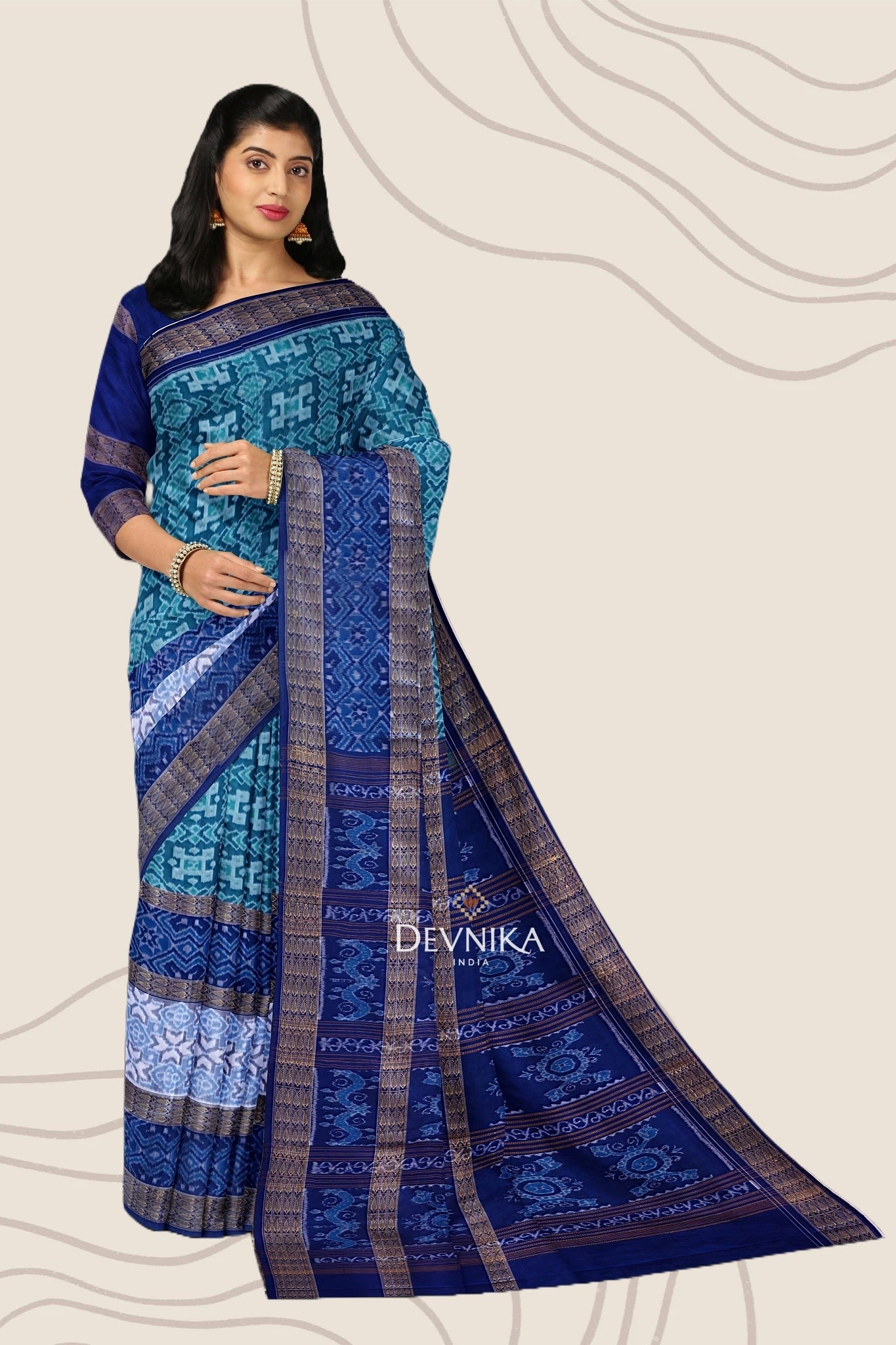 Cyan Double Border Bandha Handloom Cotton Saree | Odisha Handloom | Devnika