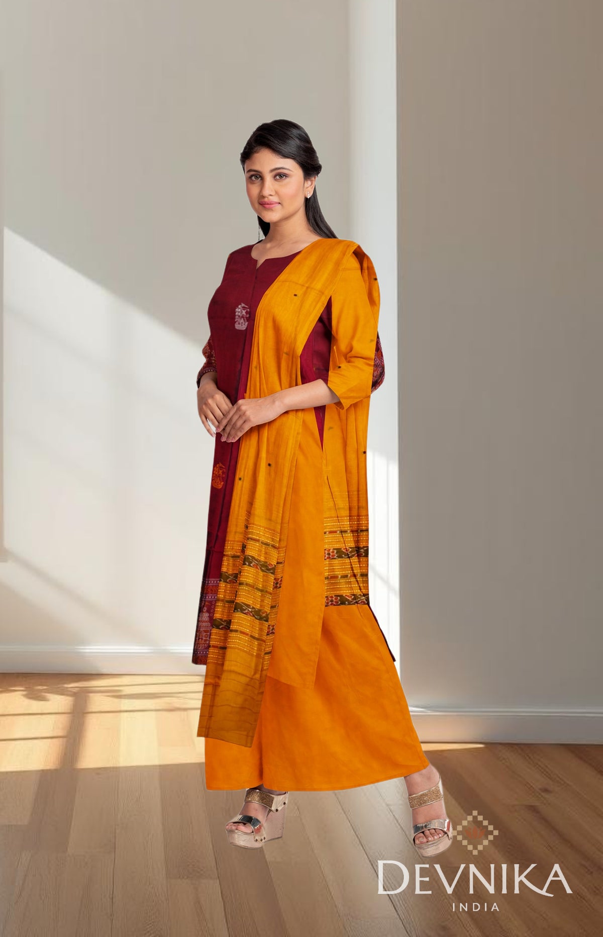 Deep Maroon With Yellow Color Pant & Chunri Bomkai Dress Set