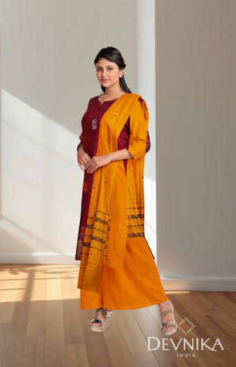 Deep Maroon With Yellow Color Pant & Chunri Bomkai Dress Set