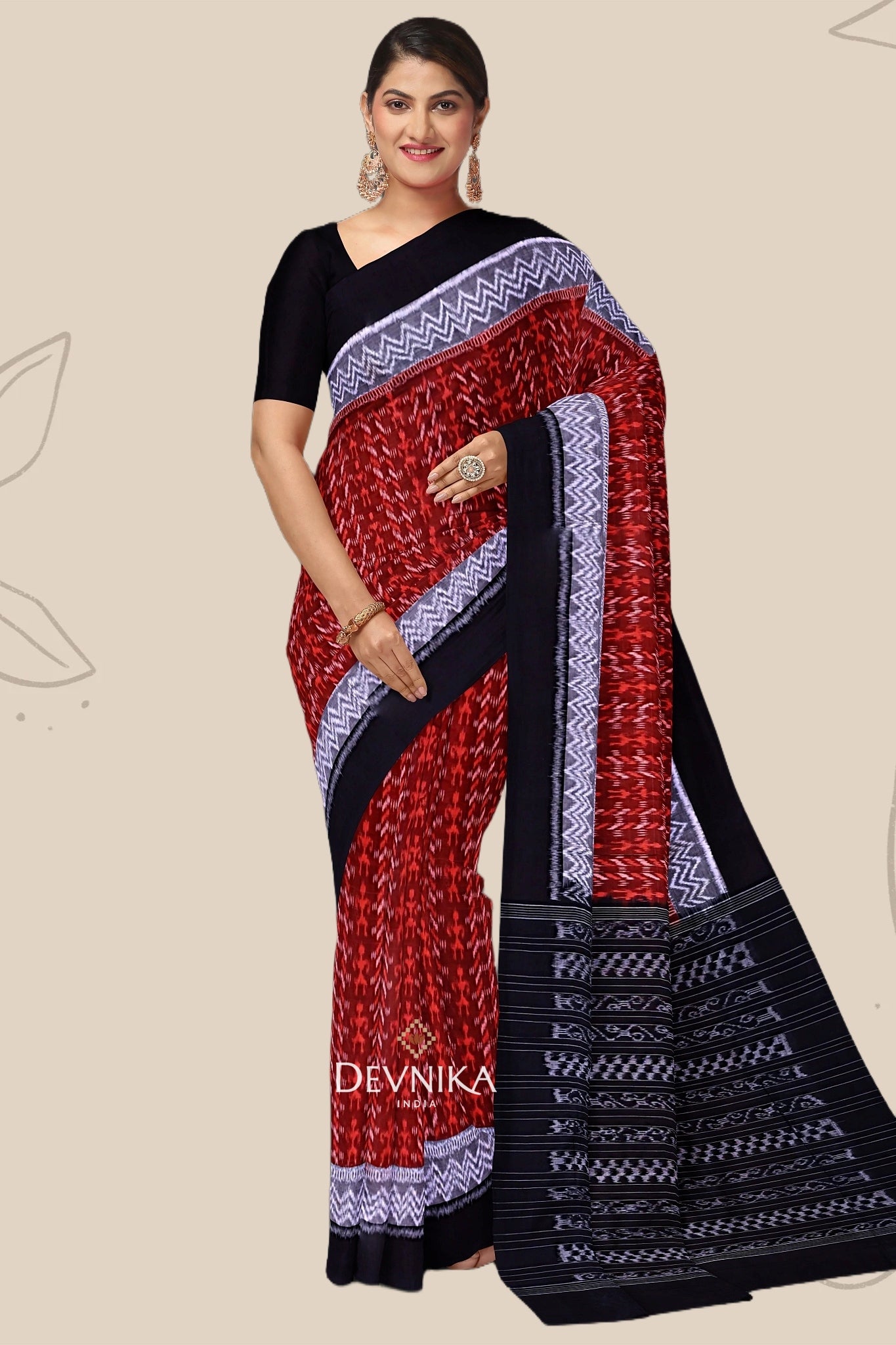 Brown Double Border Bandha Handloom Cotton Saree | Odisha Handloom | Devnika