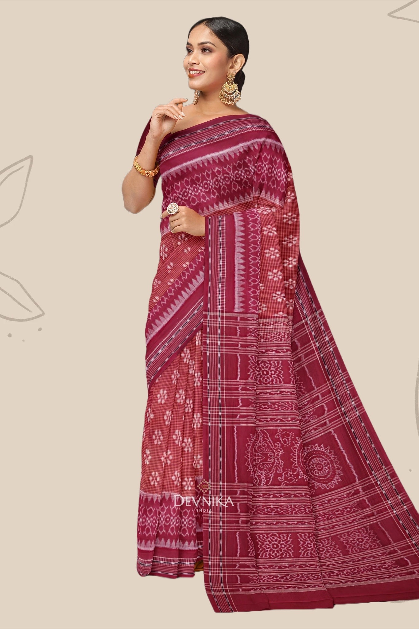 Brown Maroon Body Bandha Handloom Cotton Saree | Odisha Handloom | Devnika