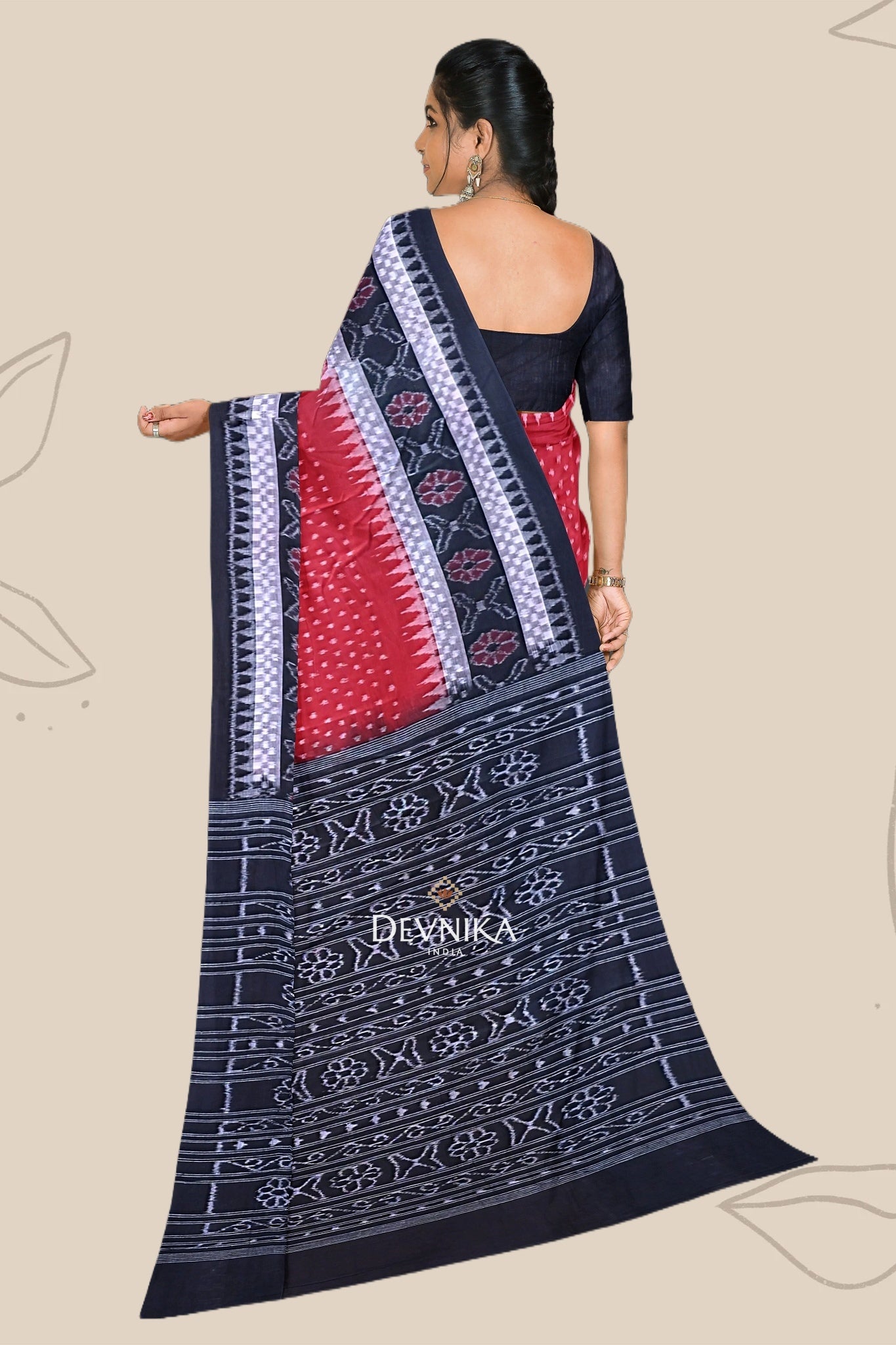 Red Double Border Bandha Handloom Cotton Saree | Odisha Handloom | Devnika