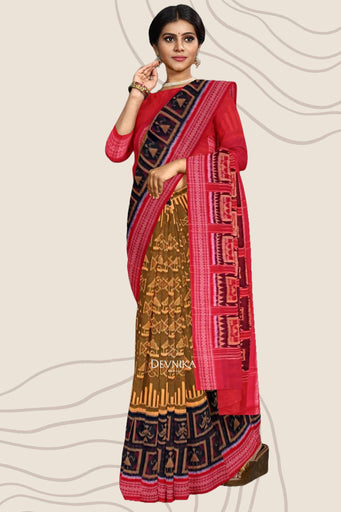 Golden Brown Big Border Bandha Handloom Cotton Saree | Odisha Handloom | Devnika