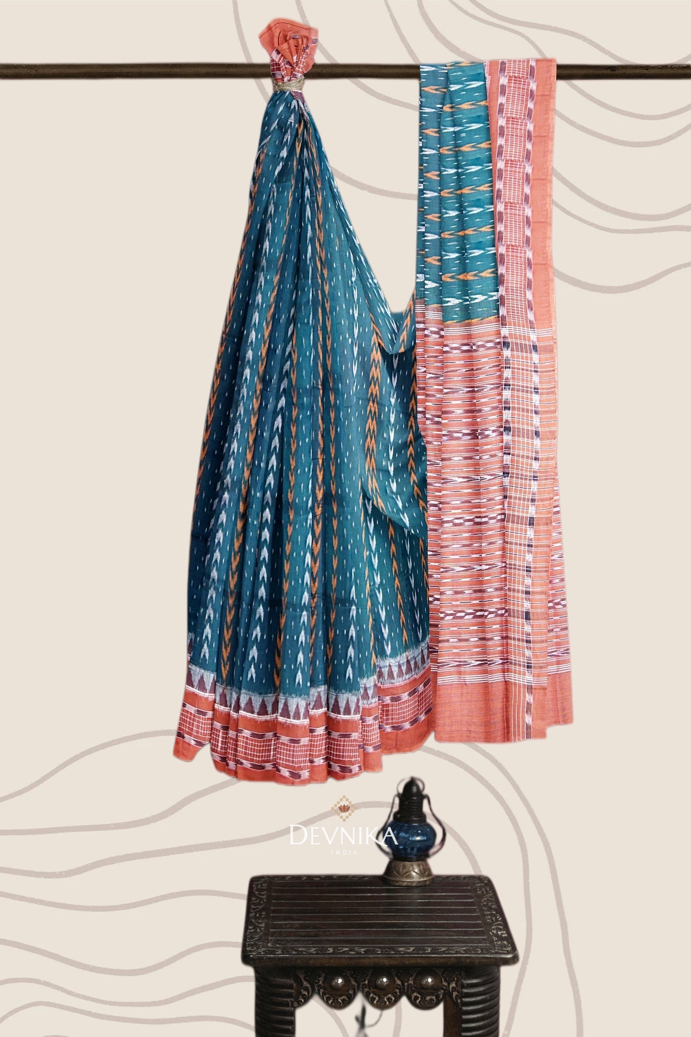 Teal Green Khajuri Pati Bandha Handloom Cotton Saree | Odisha Handloom | Devnika