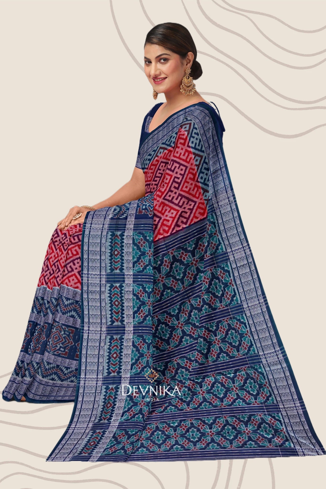 White Blue Fish Bandha Handloom Cotton Saree | Odisha Handloom | Devnika