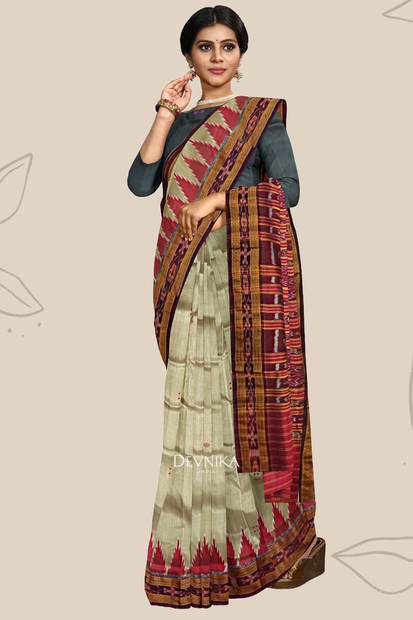 Matha Brown Big Temple Border Khandua Pata Saree | Odisha Handloom | Devnika