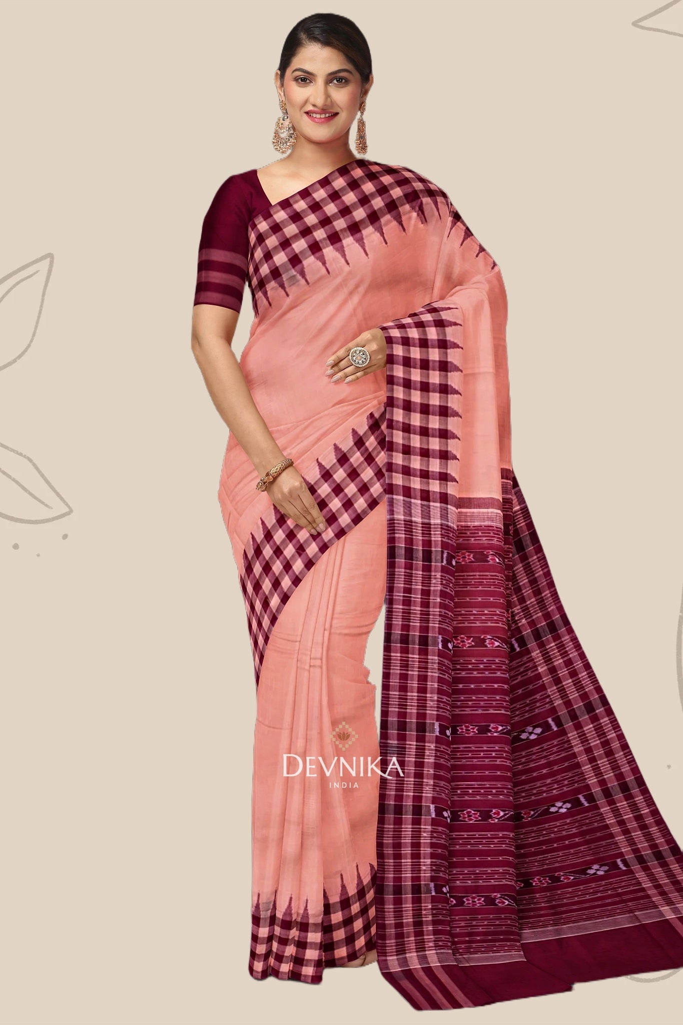 Beige Coral Odisha High School Teacher Saree