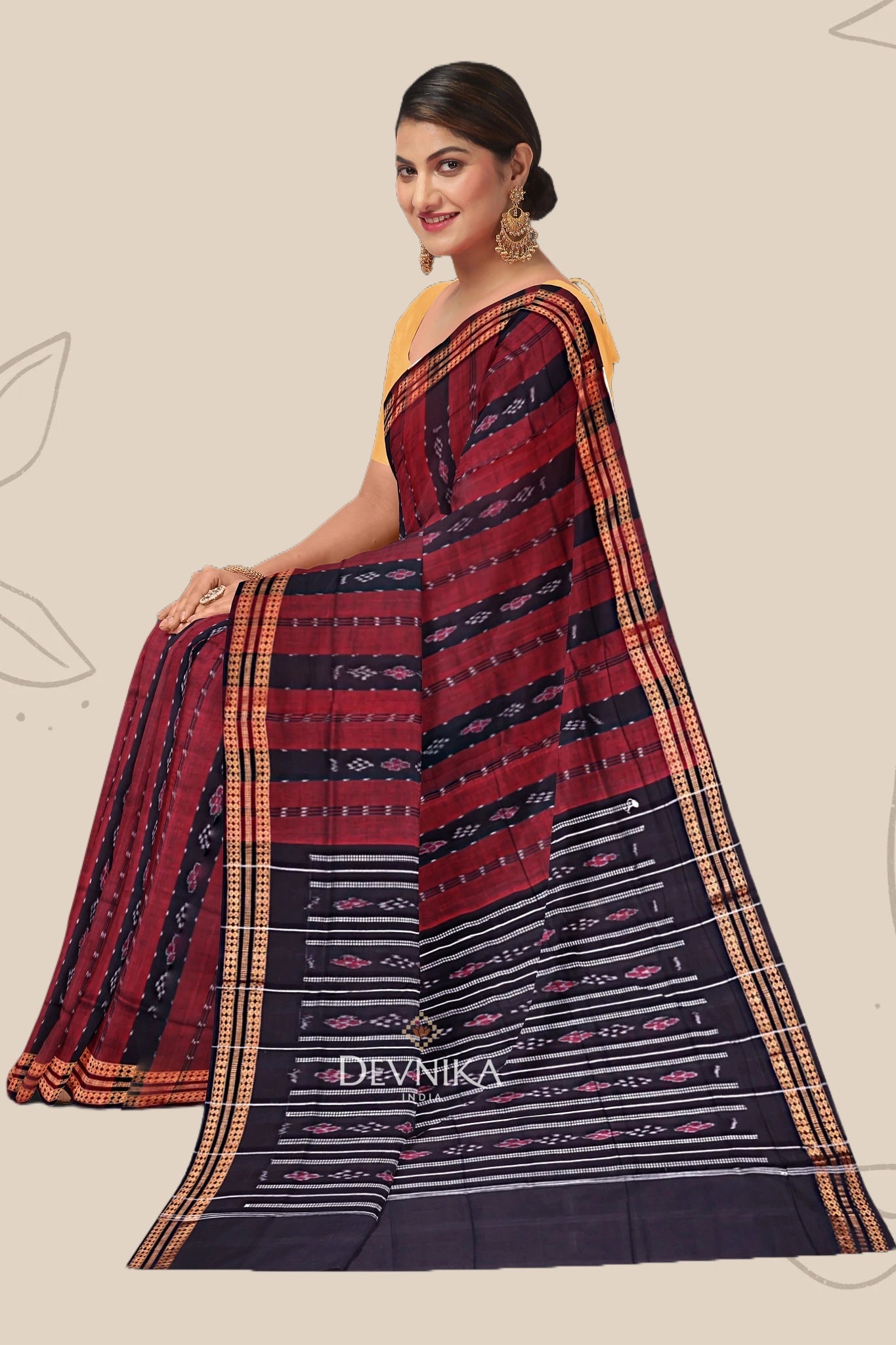 Maroon And Black Line Bandha Saree