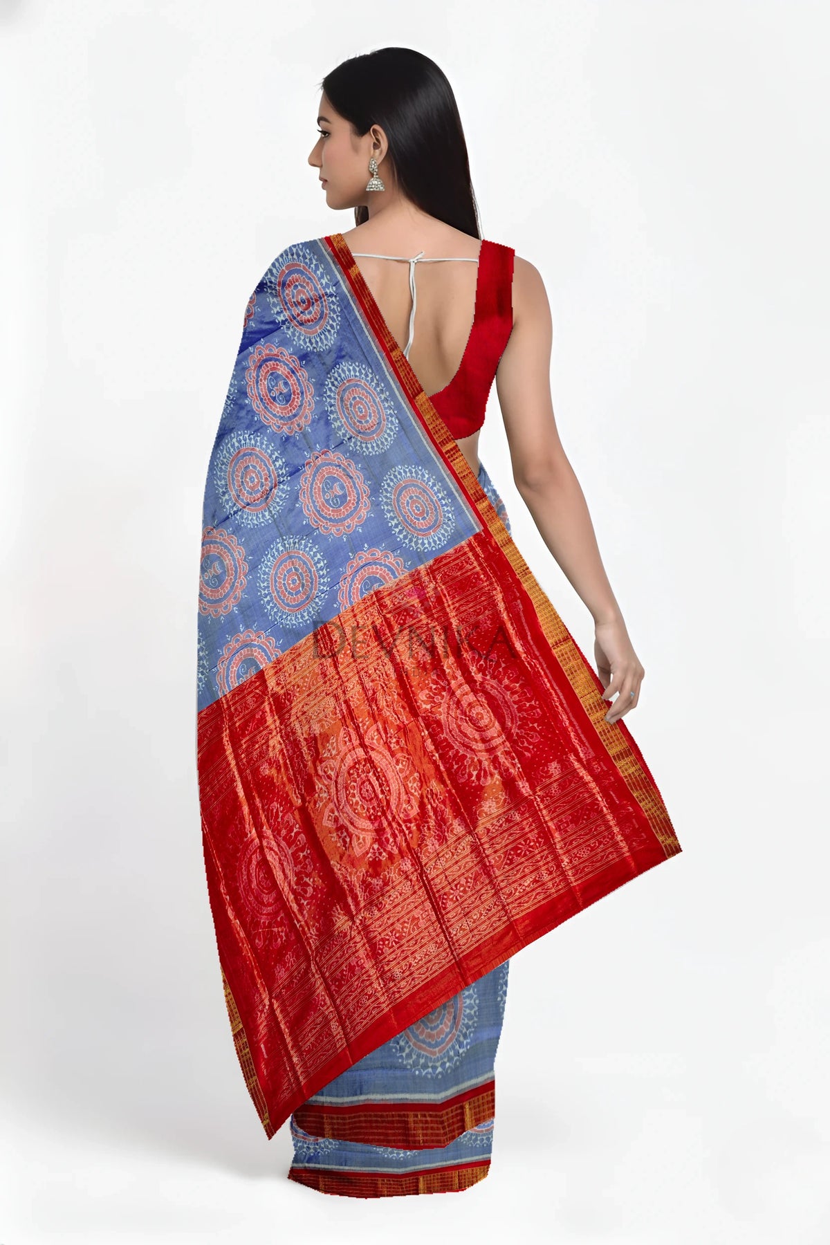 Periwinkle Blue Body Bandha Half Tissue Pata Saree | Odisha Handloom GI Tagged | Devnika