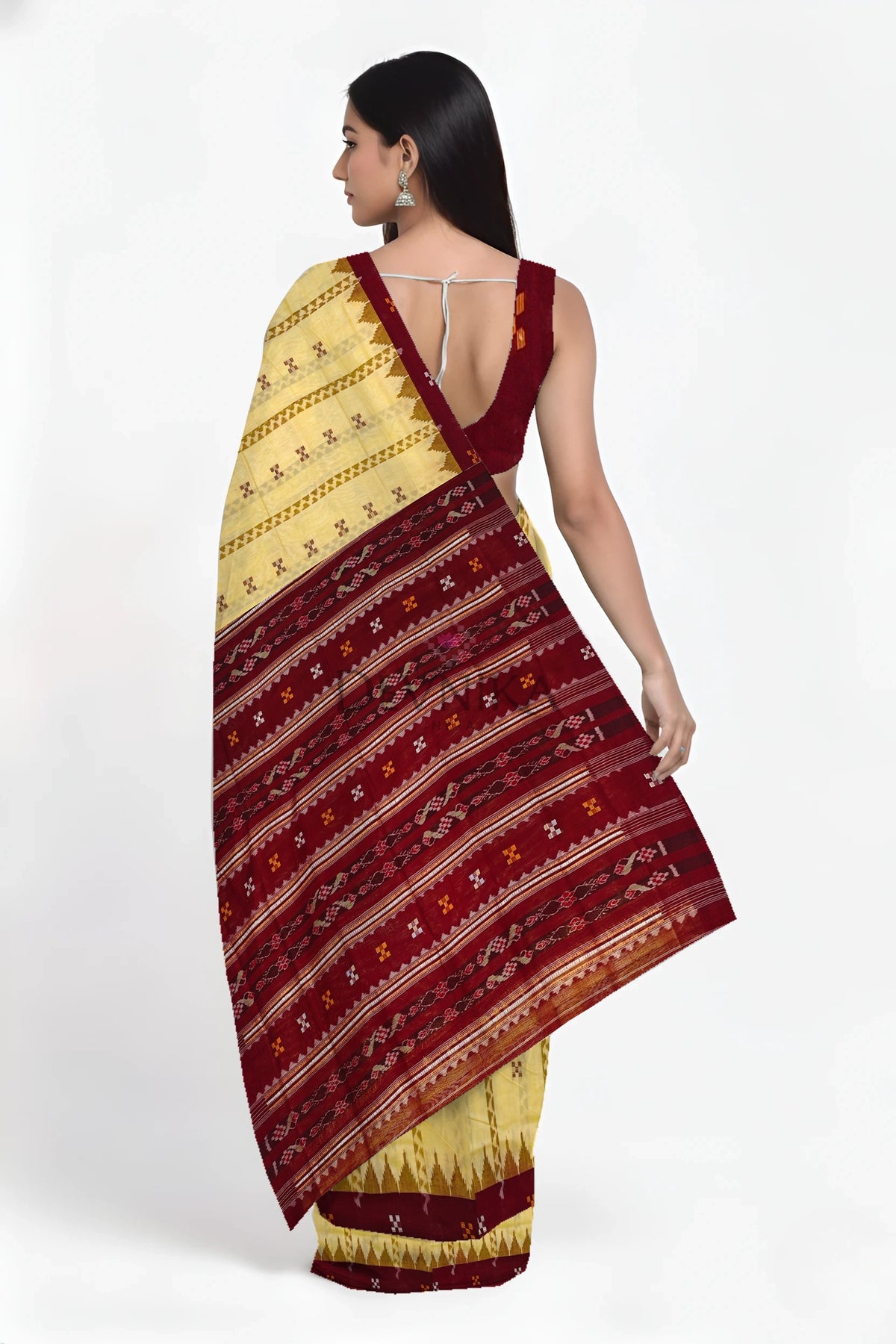 Cream Yellow Boarder Pasapalli Cotton Bapta Saree | Odisha Handloom GI Tagged | Devnika
