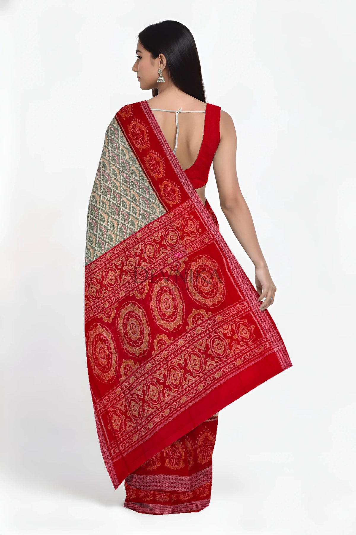 Steel & White Big Border Bandha Saree | Odisha Handloom GI Tagged | Devnika