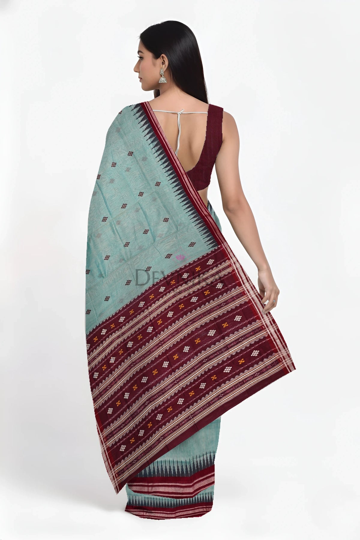 Light Green Temple Boarder Cotton Bapta Saree | Odisha Handloom GI Tagged | Devnika