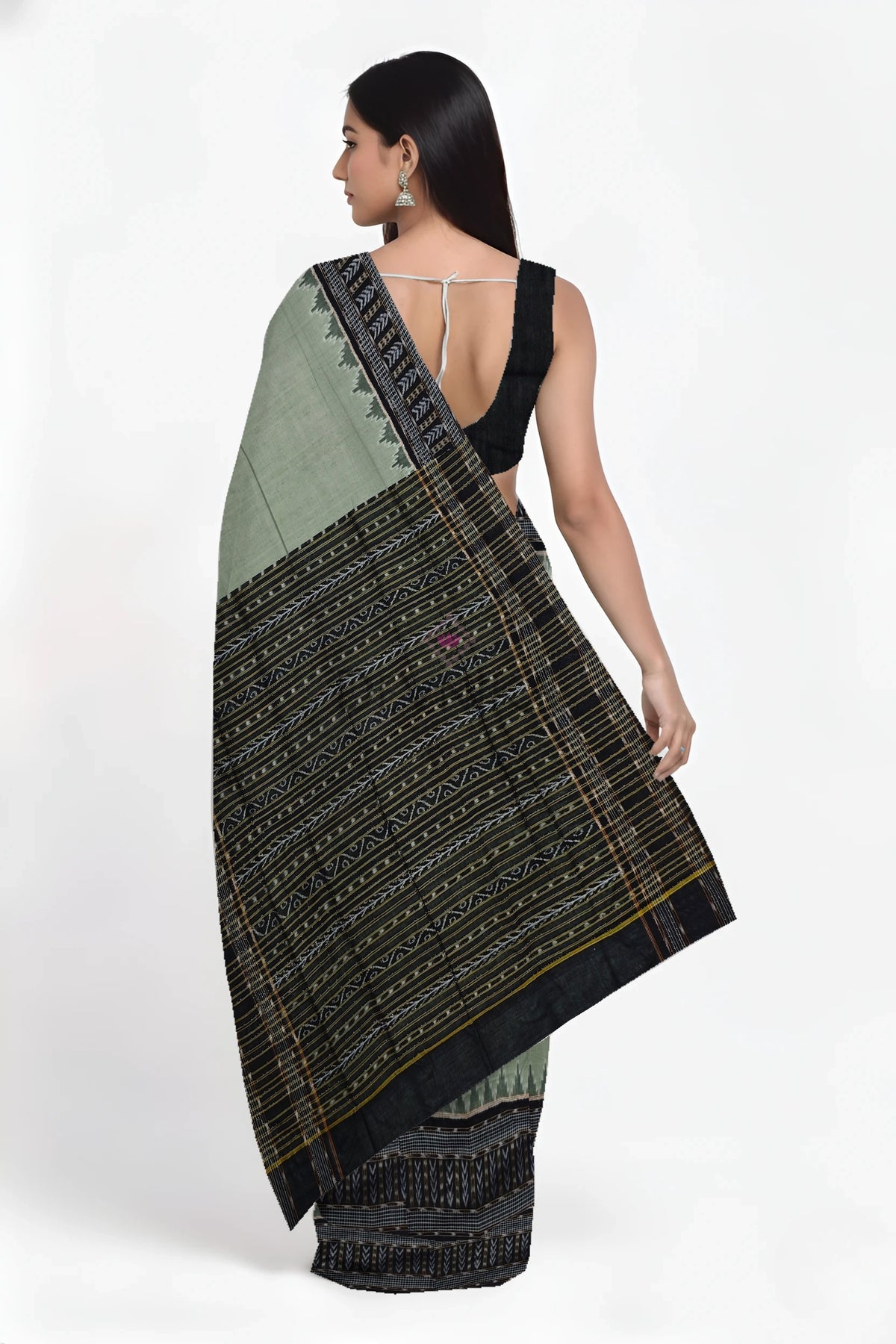 Pista Green Temple Border Bandha Saree | Odisha Handloom GI Tagged | Devnika