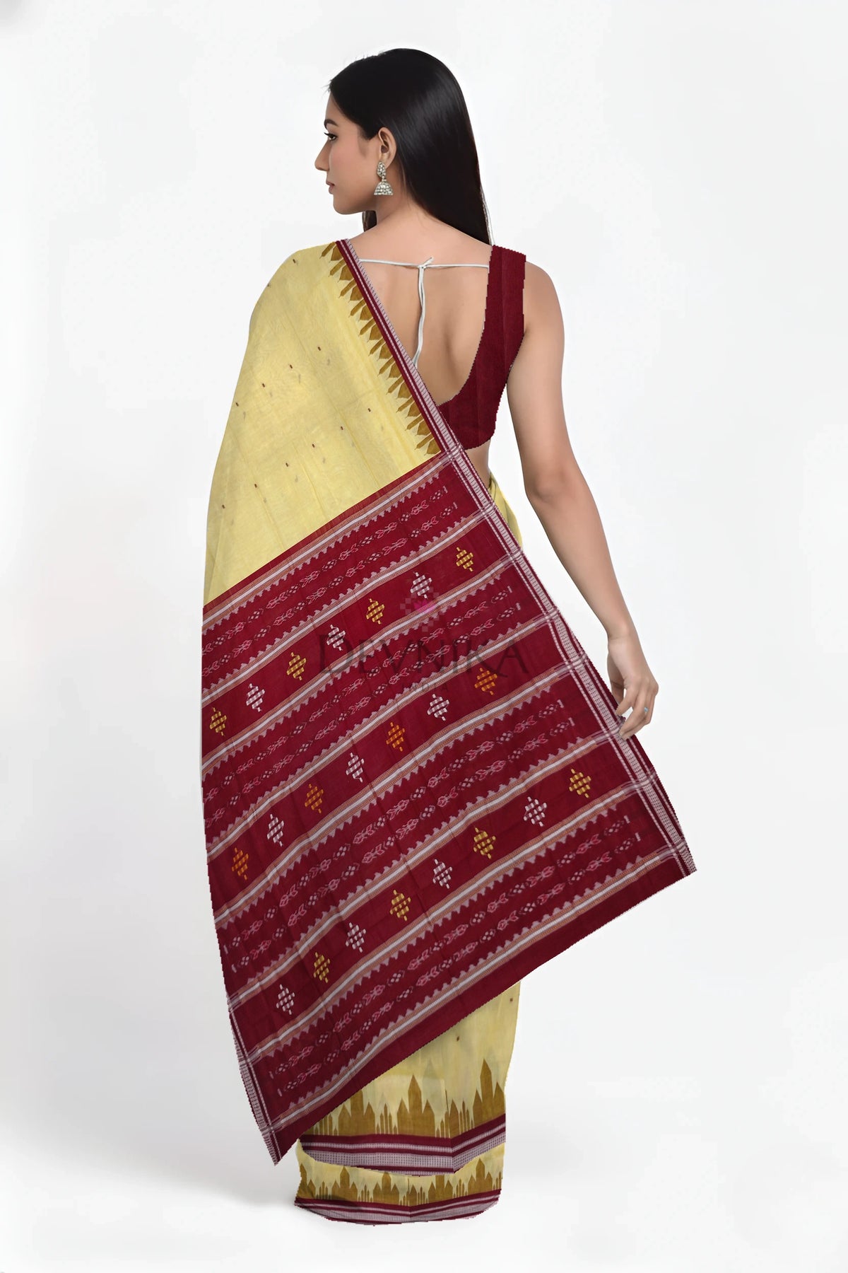 Cream Yellow Temple Boarder Cotton Bapta Saree | Odisha Handloom GI Tagged | Devnika