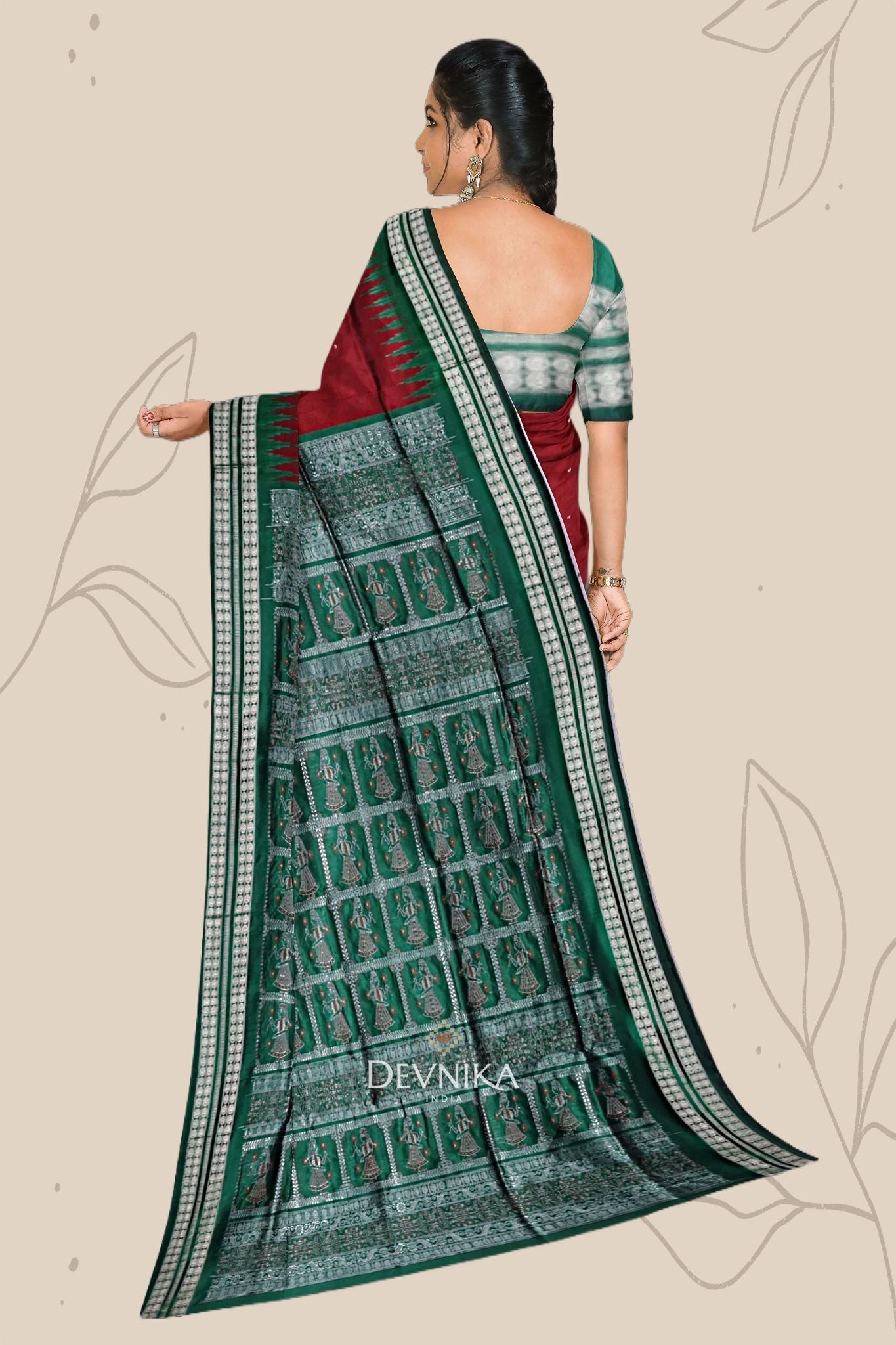 Dark Maroon With Forest Green Bomkai Butti Silk Saree | Odisha Handloom GI Tagged | Devnika