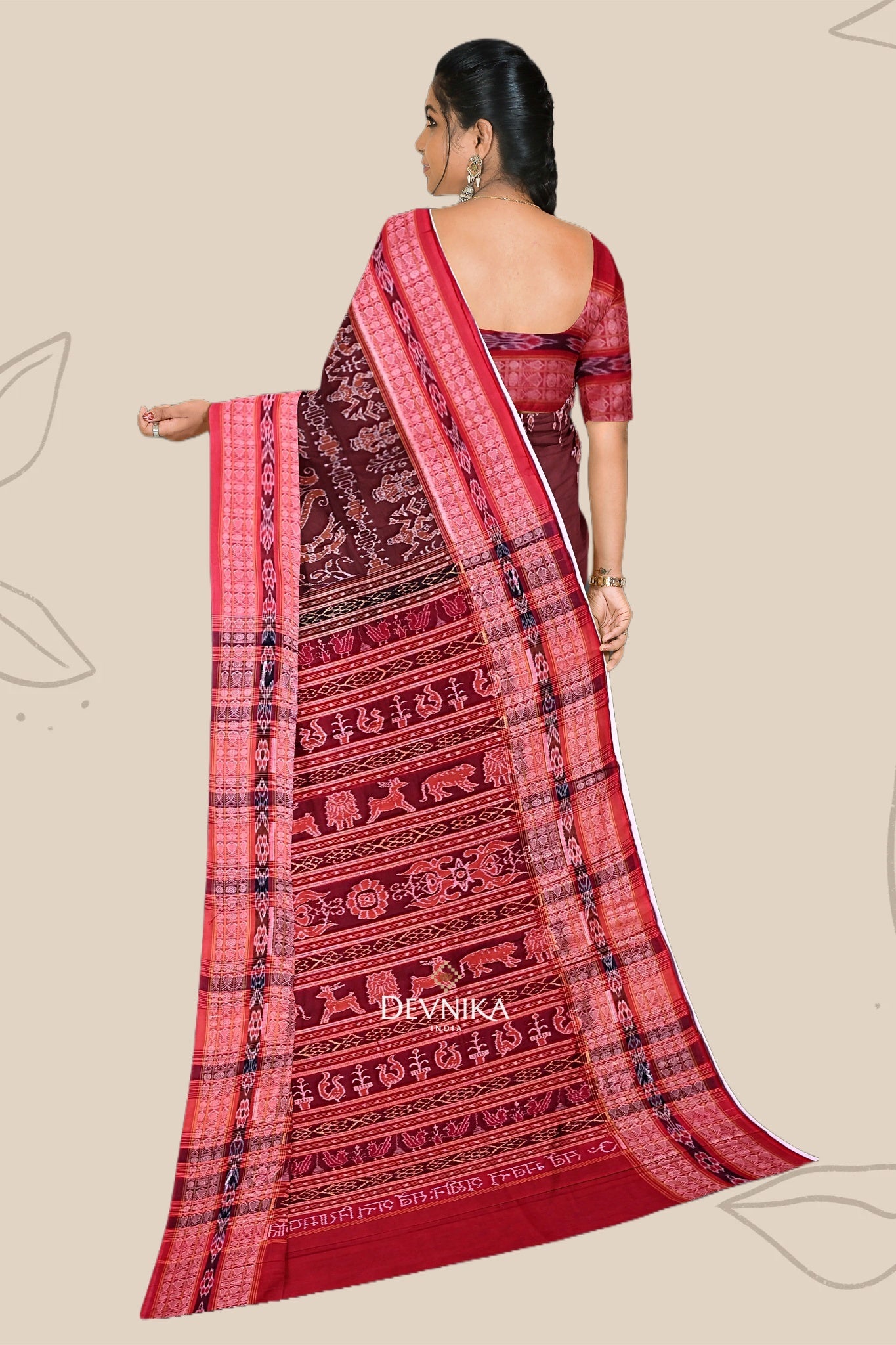 Deep Brown Peacock Bandha Handloom Cotton Saree | Odisha Handloom | Devnika