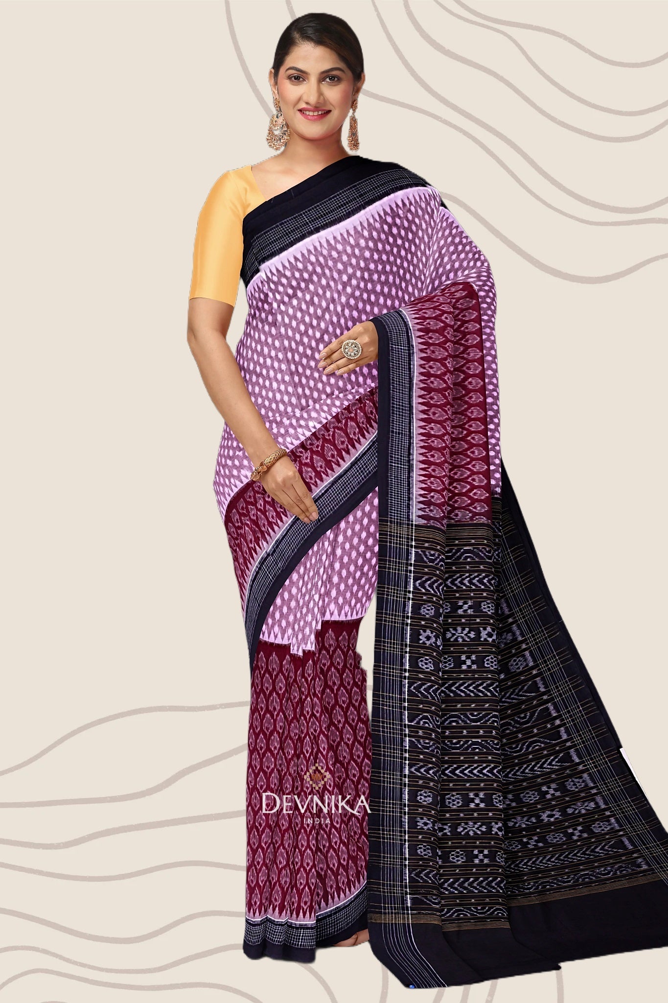 Maroon Light Plum Half Half Bandha Handloom Cotton Saree | Odisha Handloom | Devnika