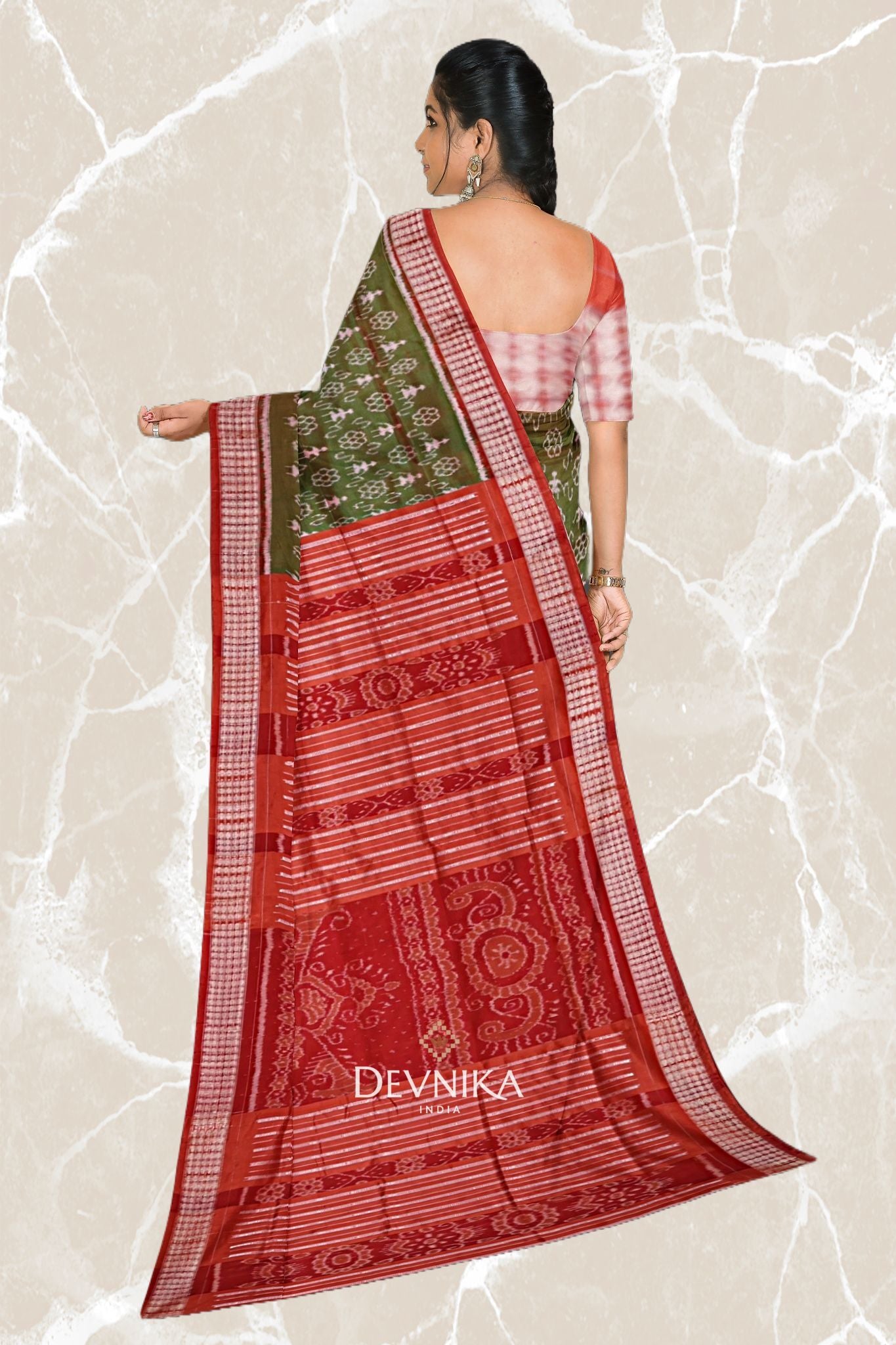 Rust Green Teracota Bandha Silk Saree | Odisha Handloom GI Tagged | Devnika