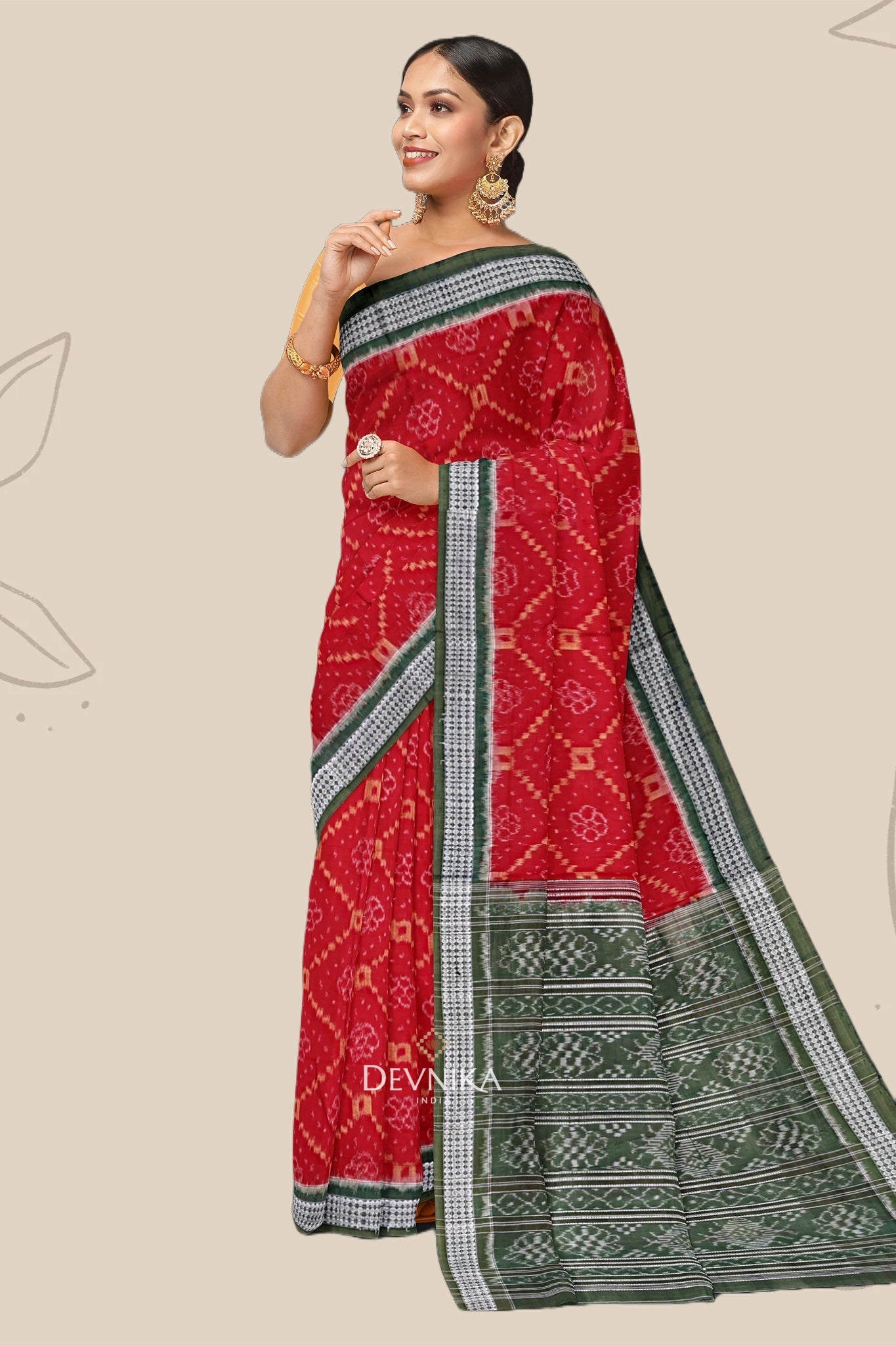 Deep Red Body Bandha Handloom Cotton Saree | Odisha Handloom | Devnika