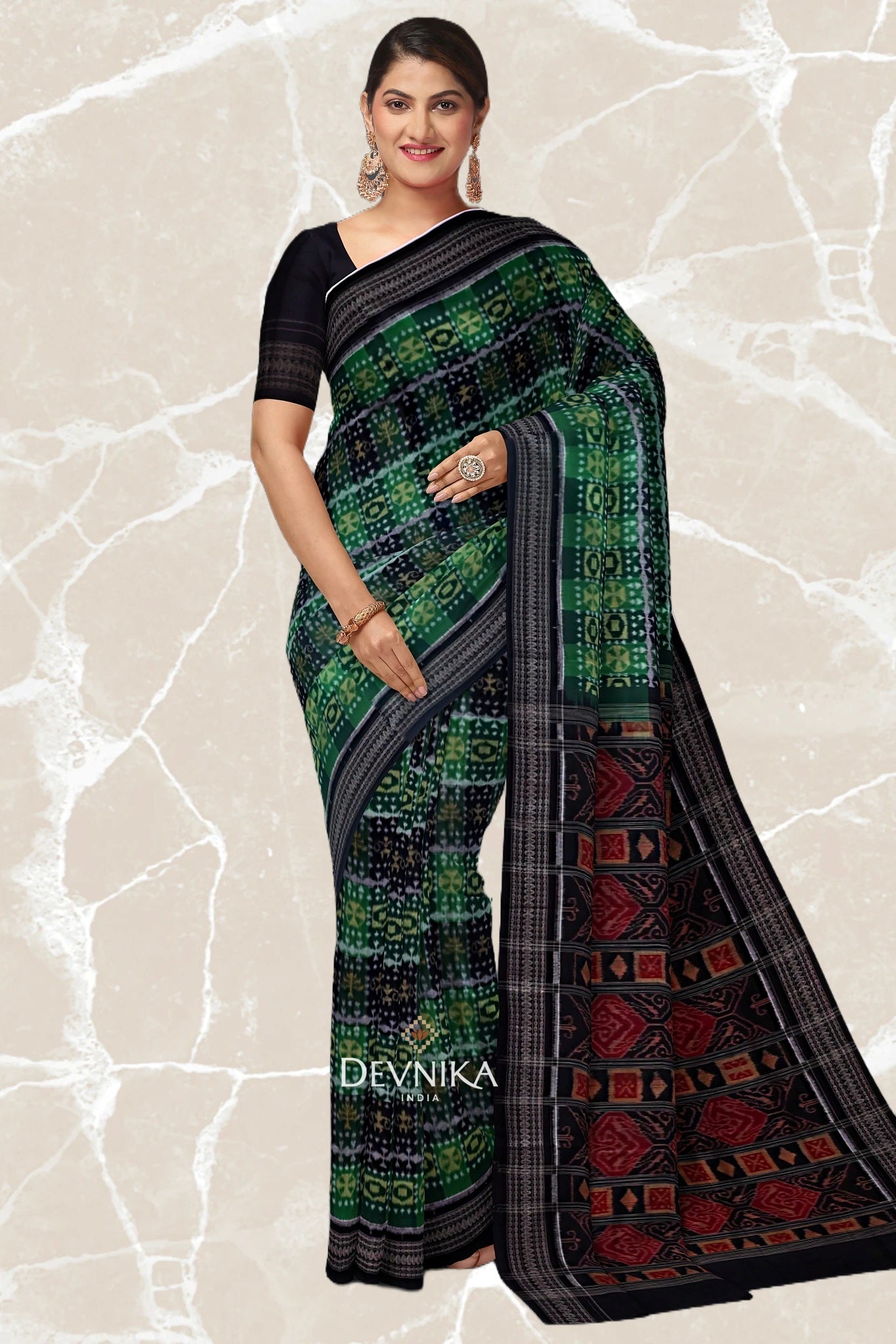 Green Golden Teracota Bandha Handloom Cotton Saree | Odisha Handloom | Devnika
