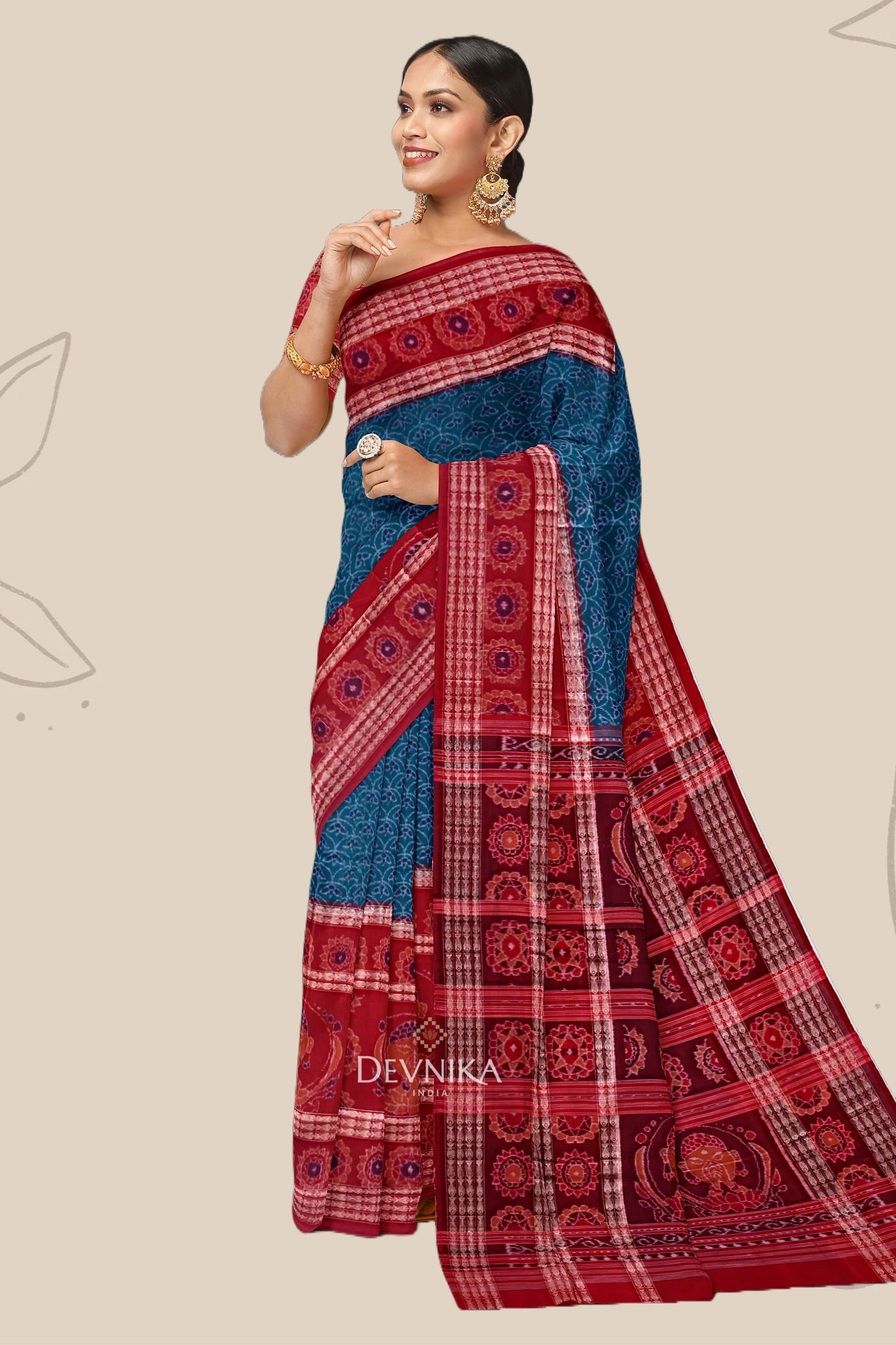 Teal Green Namaskar Bandha Handloom Cotton Saree | Odisha Handloom | Devnika