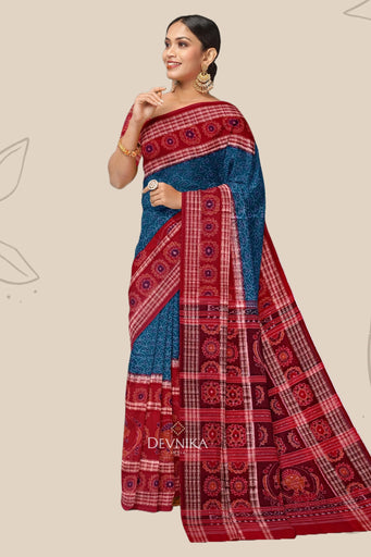 Teal Green Namaskar Bandha Handloom Cotton Saree | Odisha Handloom | Devnika