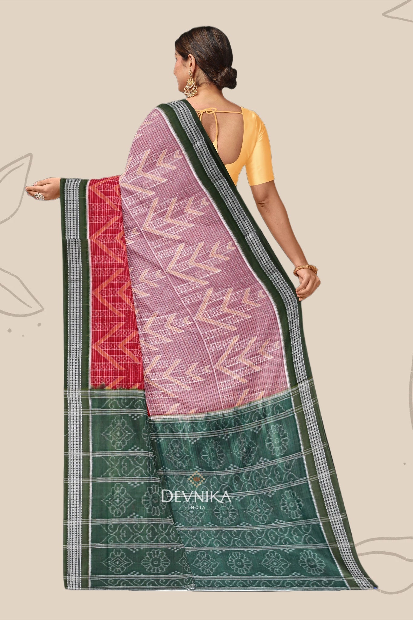 Red And White With Olive Green Body Bandha Handloom Cotton Saree | Odisha Handloom | Devnika